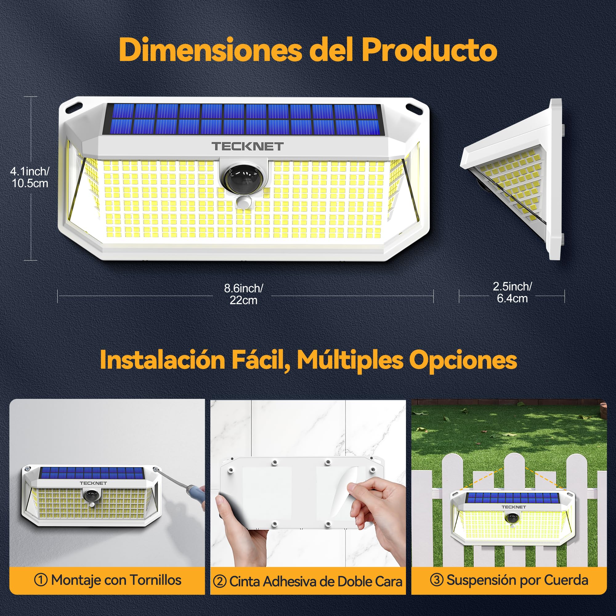 TECKNET Luz Solar Exterior, 4200lm 416 LED Focos Led Exterior Solares | Movimiento 300° Iluminacion 3 Modos IP66 Impermeable Focos Led Solares para Jardín, Garaje, Patio, 4 Paquete