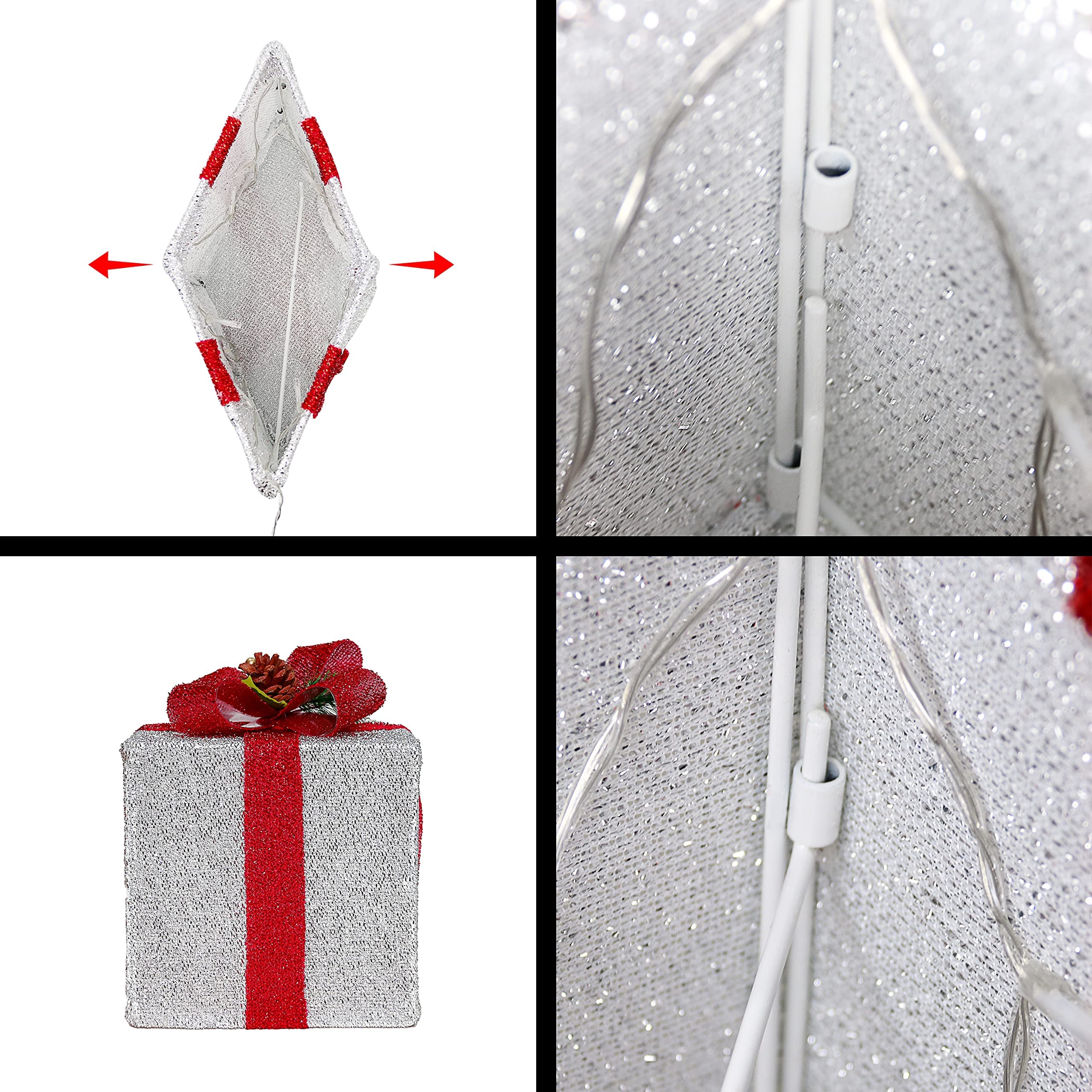 Aesto Christmas Lighted Boxes, Set of 3 Lighted Gift Boxes with Red Bows for Christmas Decorations Indoor Outdoor