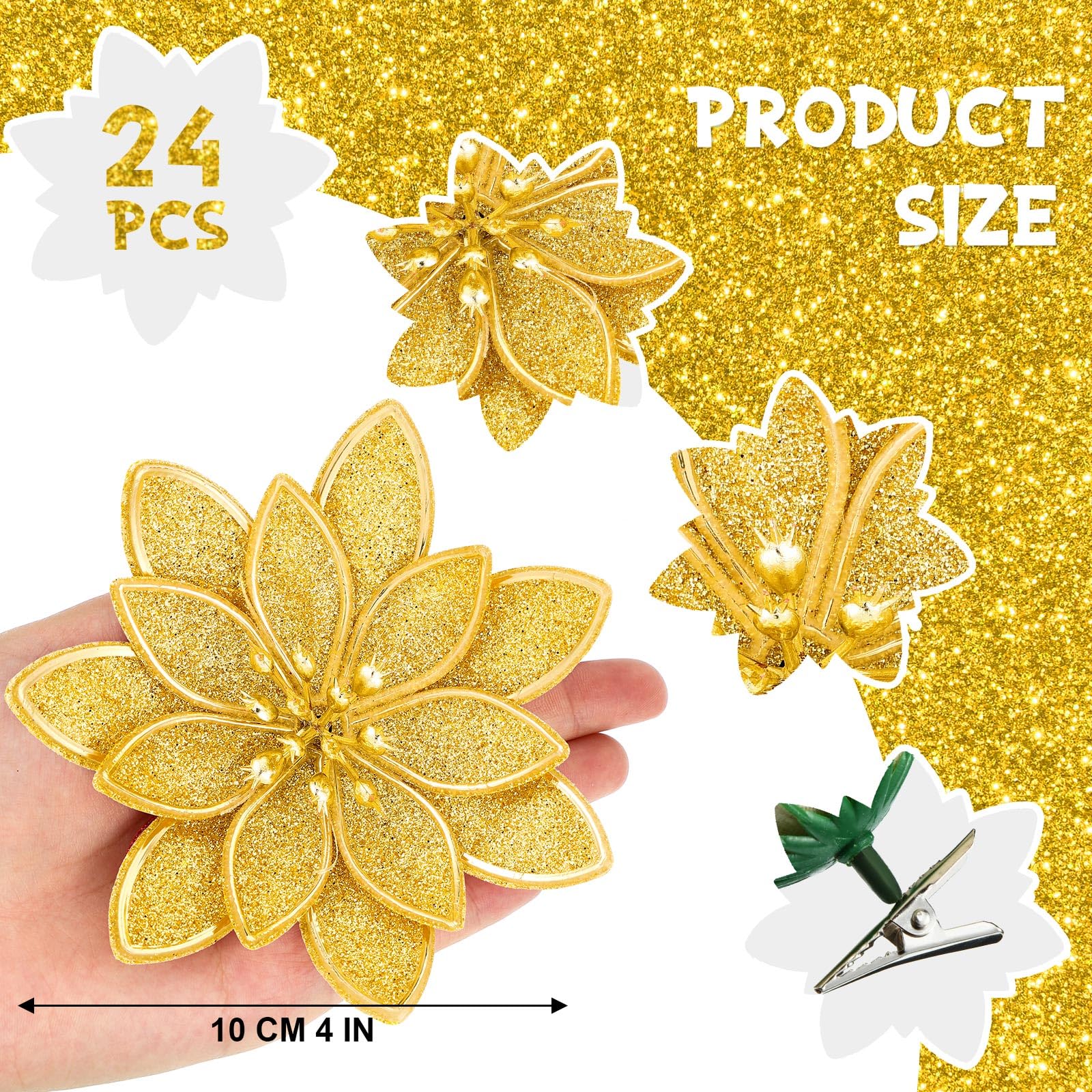 Lyrow 24 Stück Weihnachten Glitzer Weihnachtsstern Künstliche Blume mit Clips 10,2 cm Xmas Blumen Dekoration Weihnachtsbaum Kränze Girlande Dekor für Urlaub Party Ornamente (Gold)