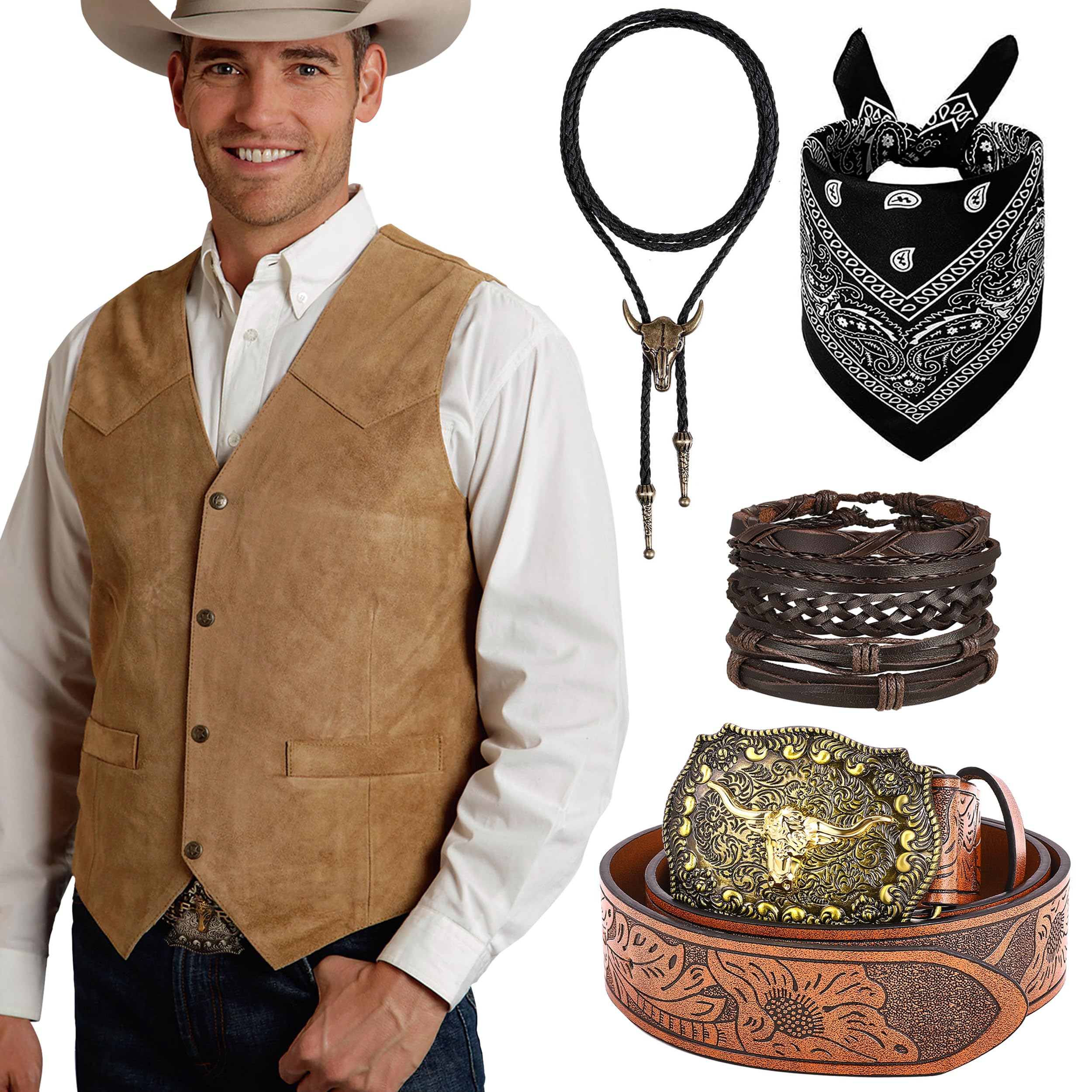 RIOSO Cowboy Outfit for Men Western Suede Leather Vest Belt Necktie Set Mens Cowboy Costume Accessories without Hat