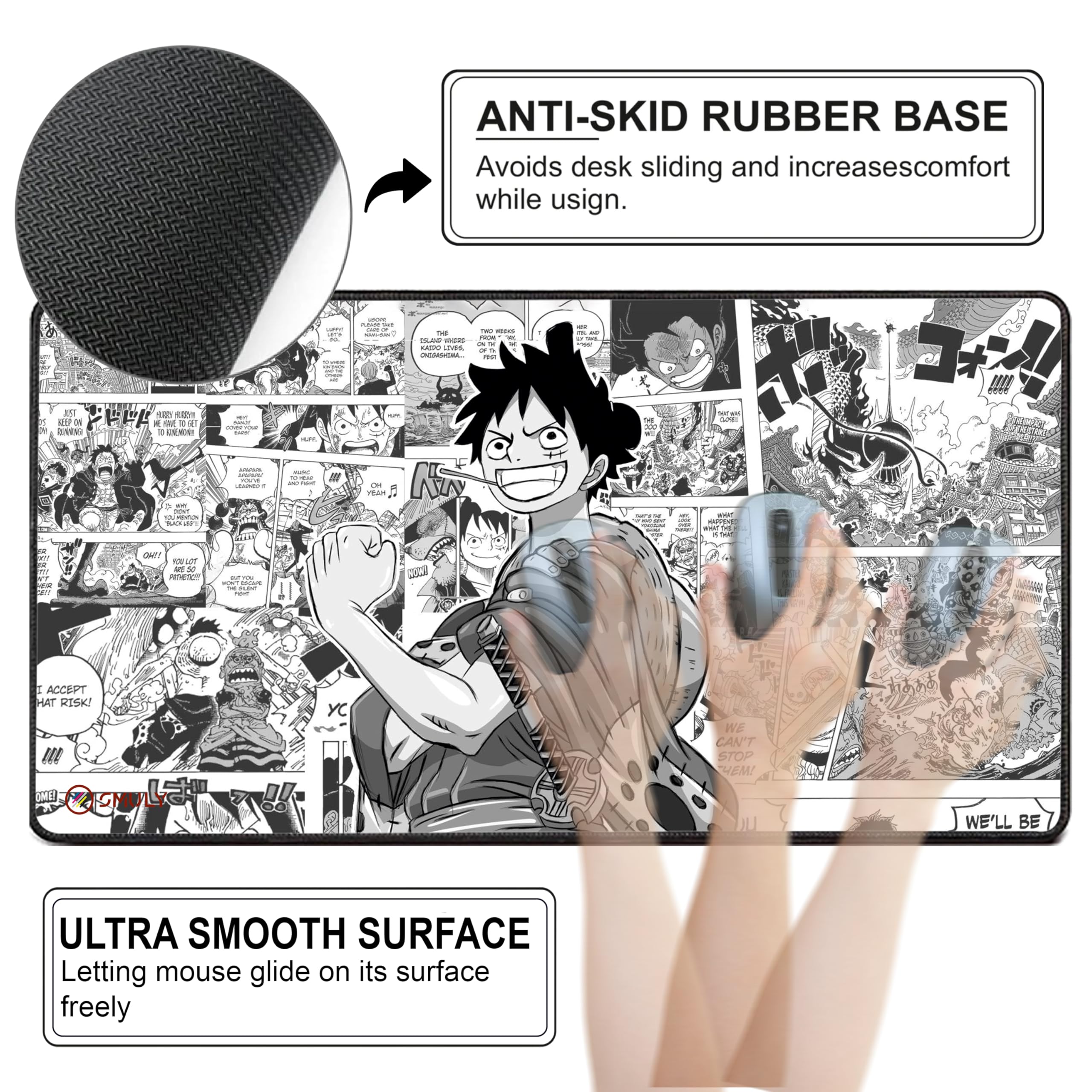 Pirate Anime Mouse Pad 18×36 Inch 3mm Extended Gaming Desk Mat with Anti-Slip Rubber Base Mousepad for Smooth Surface Desk pad for PC & Laptop Use Waterproof & Stiched (Black/White) Deskpad — Amazon image 3