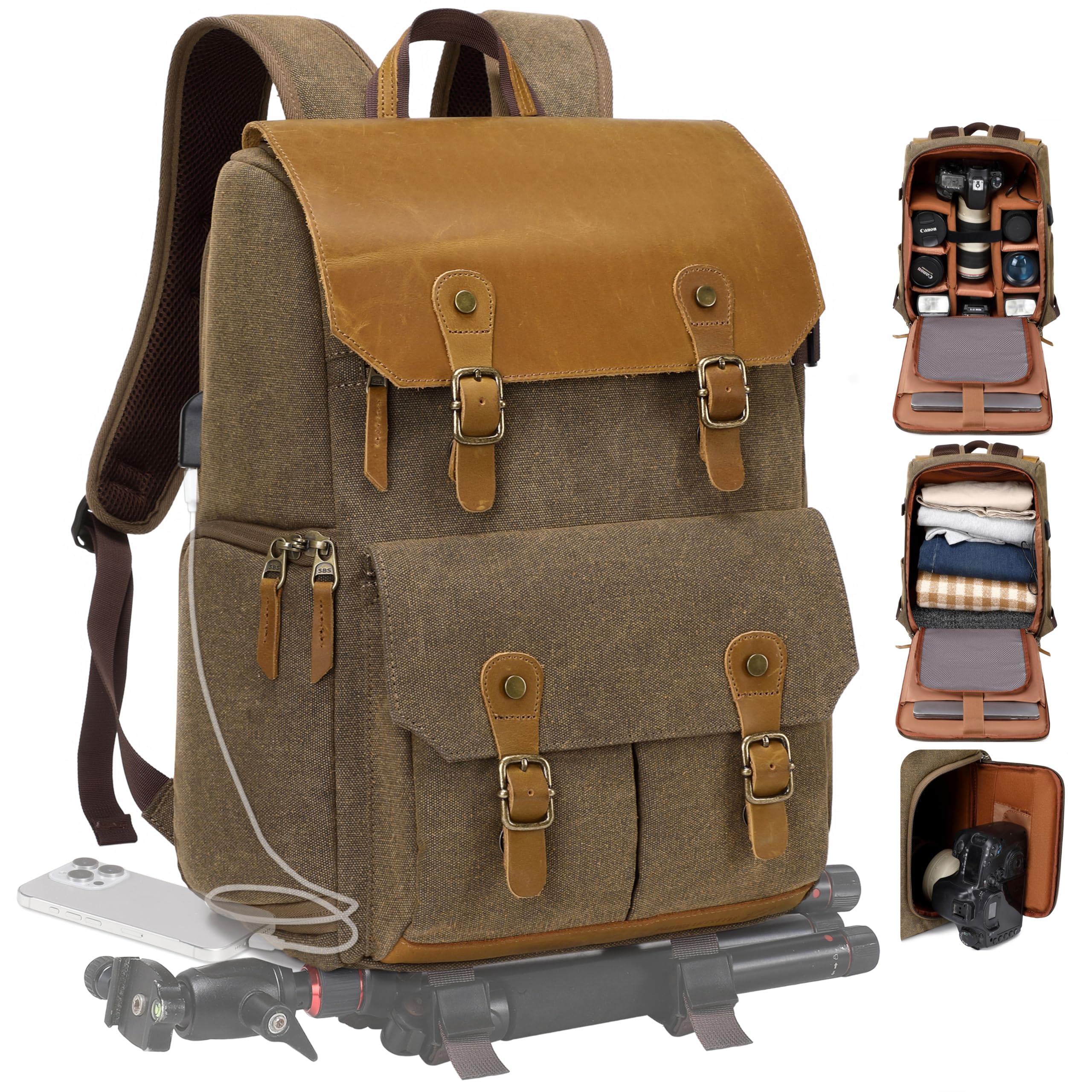 Padwa Lifestyle Khaki Professional Camera Backpack - Retro Crazy Horse Art Cowhide Canvas Large Camera Bag with Multi Camera&amp;16” Laptop Thick Compartment,Weather Resistant Photography Backpacks
