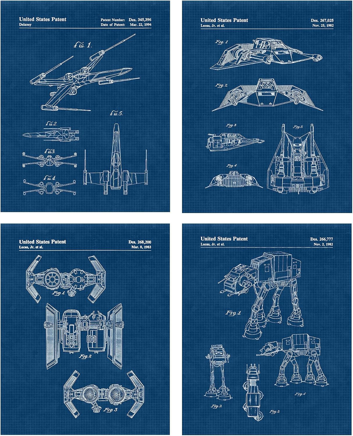 Classic Star Vessels Patent Prints, 4 (11x14) Unframed Photos, Wall Art Decor for Home Office NASA Creator Stem ComicCon Wars Movie Studio Tech Gear Garage Shop Man Cave School Student Teacher Coach