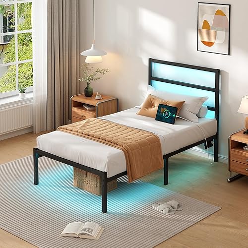 Miniatura 3 de Base de cama individual con cabecero, soporte de listones de acero resistente, marco de cama LED con estación de carga USB, base de colchón debajo