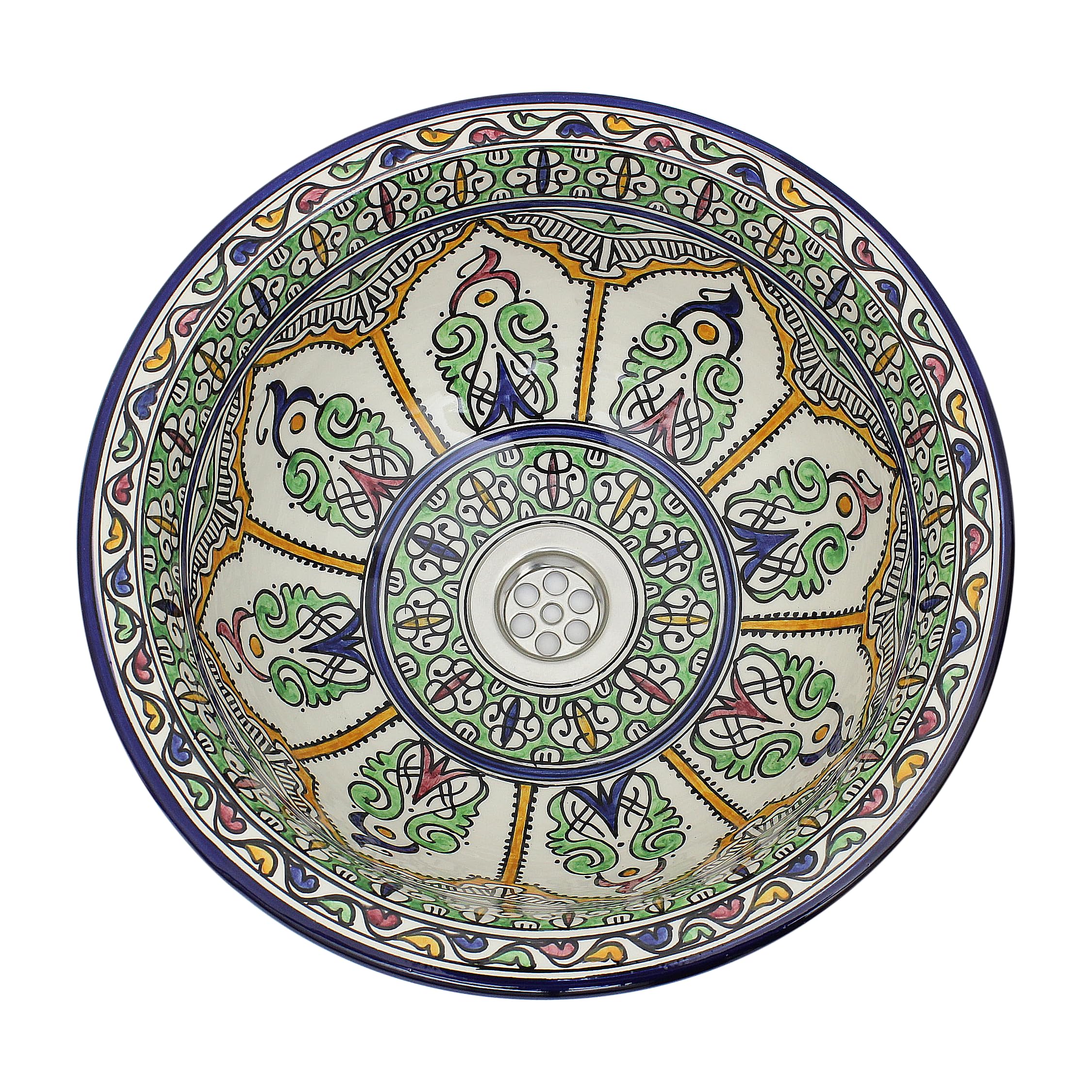 Essence Of Morocco Multicoloured Moroccan Sink Washbasin Ceramic Handmade Wash Basin Hand Painted Round Free Waste Included (Sw141) (Diameter 30 Cm / 11.8 Inches)