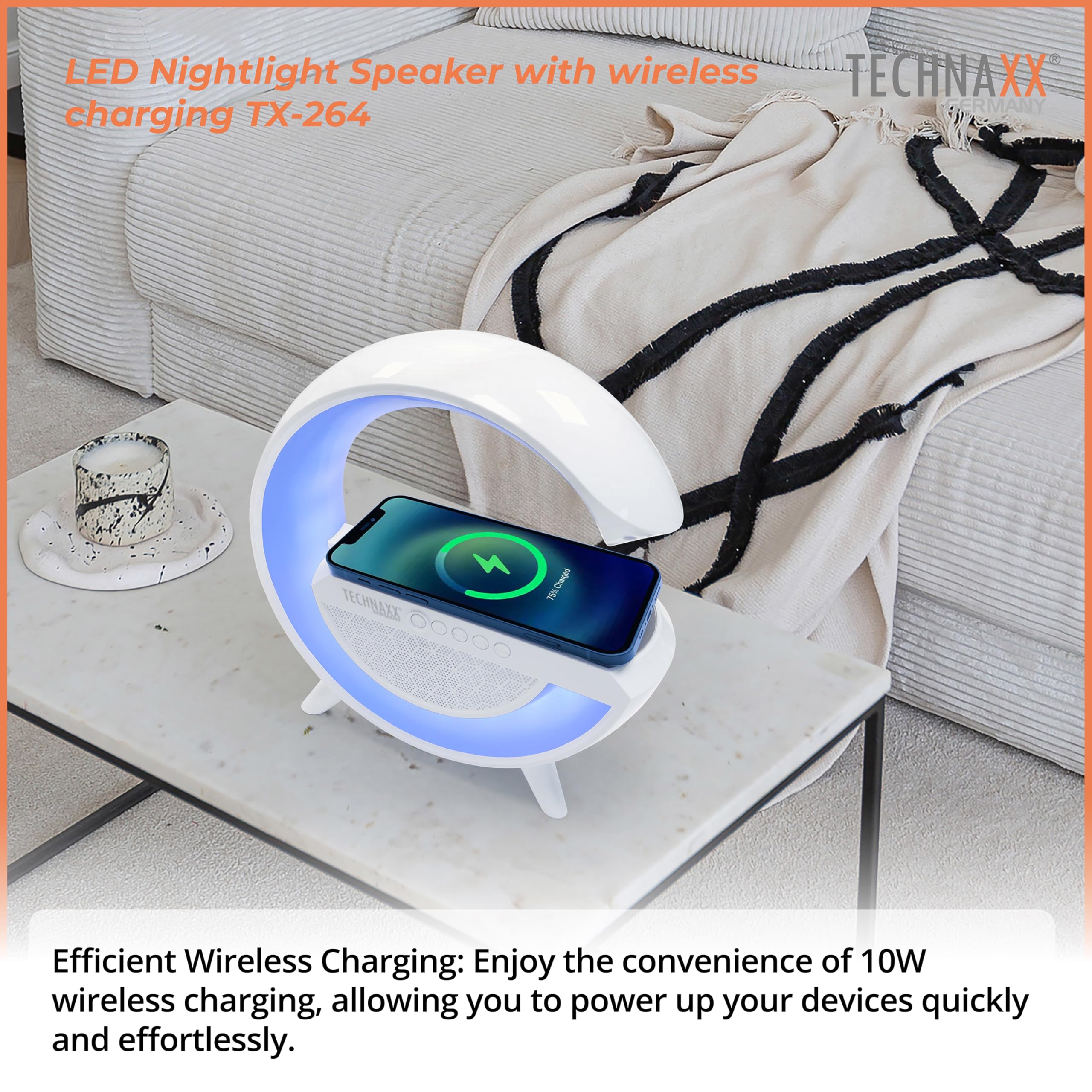Technaxx Draadloze LED-nachtlichtluidspreker met 10W draadloos laadstation en 6 RGB-lichtmodi, G-vormige Bluetooth-luidspreker, multifunctioneel draadloos mobiele telefoon laadstation TX-264