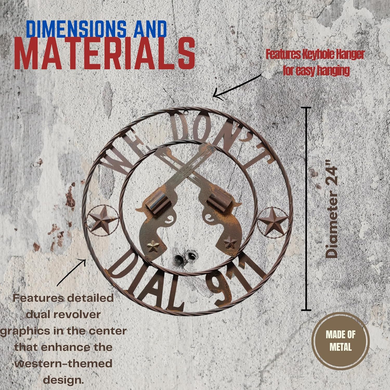 Rustic Metal Wall Art Sign – “We Don’t Dial 911” – Western Decor with Dual Revolvers & Stars – Vintage Country Home, Bar, or Man Cave Decoration – Indoor or Outdoor