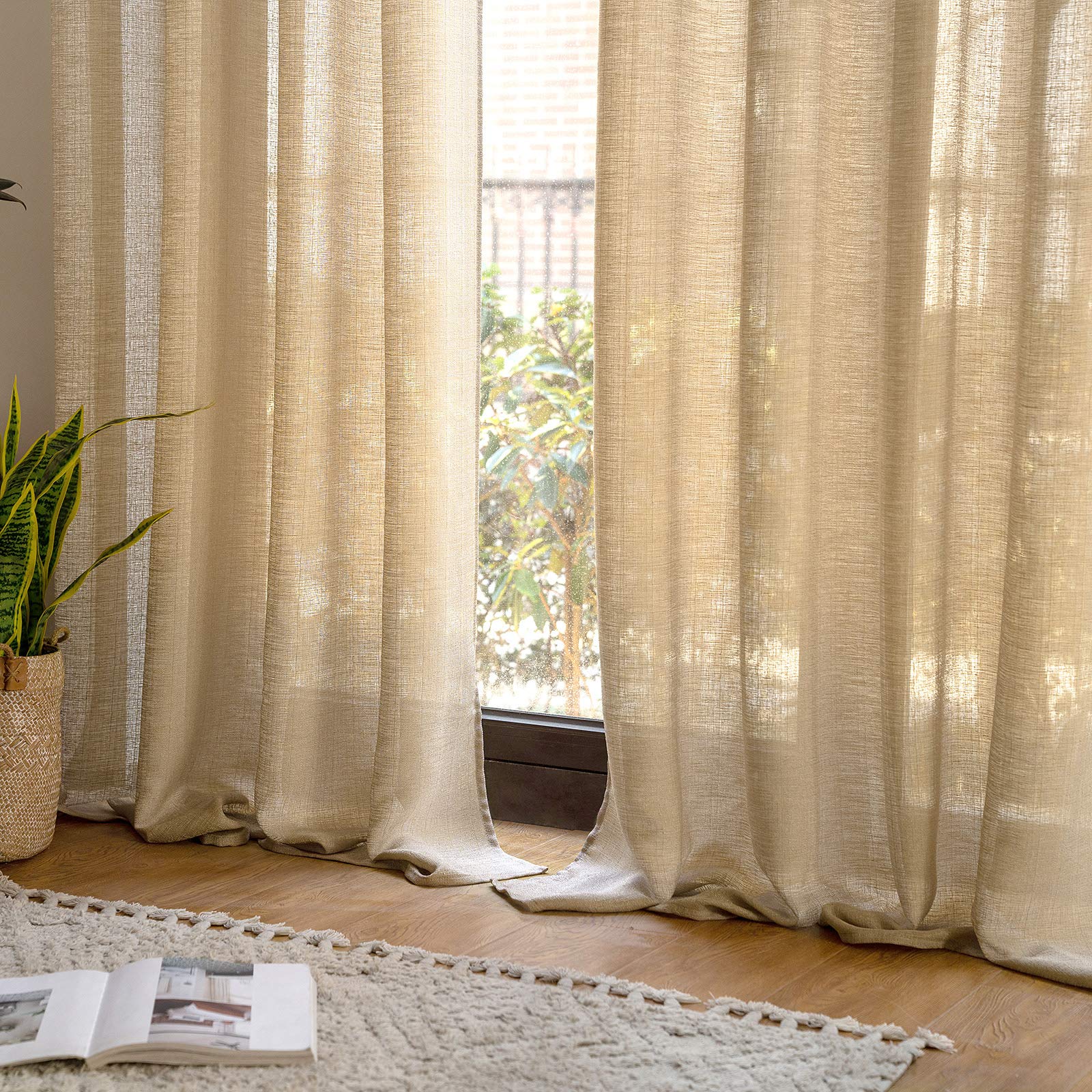 MIULEE 2 Panneaux Rideaux Lin Imitaion Rideau De Fenêtre Semi-Transparents Lisse Élégant Décoration Panneaux Voile De Fenêtre Durable Traitement pour Chambre Salon Balcon 140x245(L X H) Brown