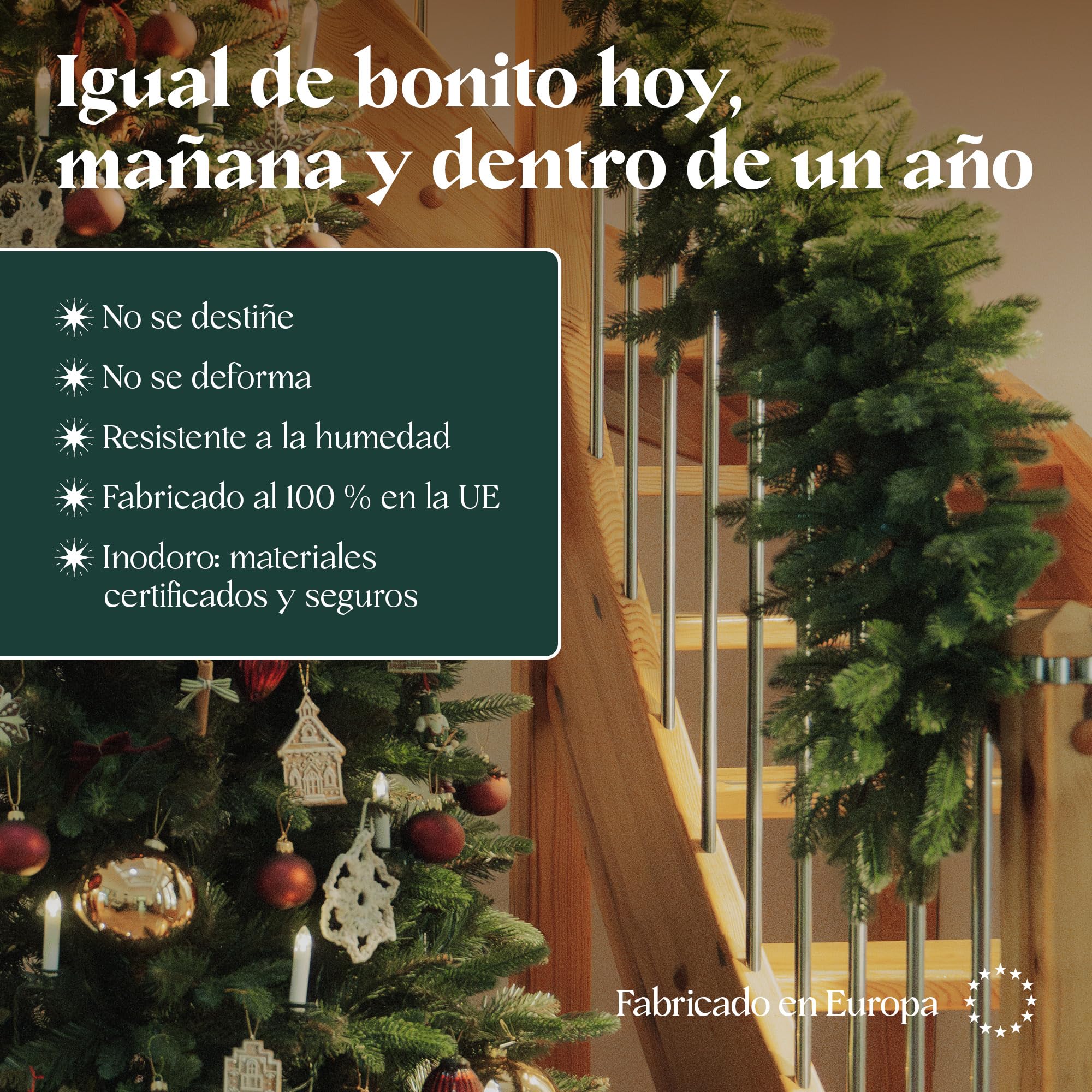 FAIRYTREES Guirnalda navideña Verde 270 cm en PE 10 % | Guirnalda de Abeto Artificial para escaleras, barandillas y Puertas | Diseño estilizado, decoración Puerta Navidad, Estilo Elegante