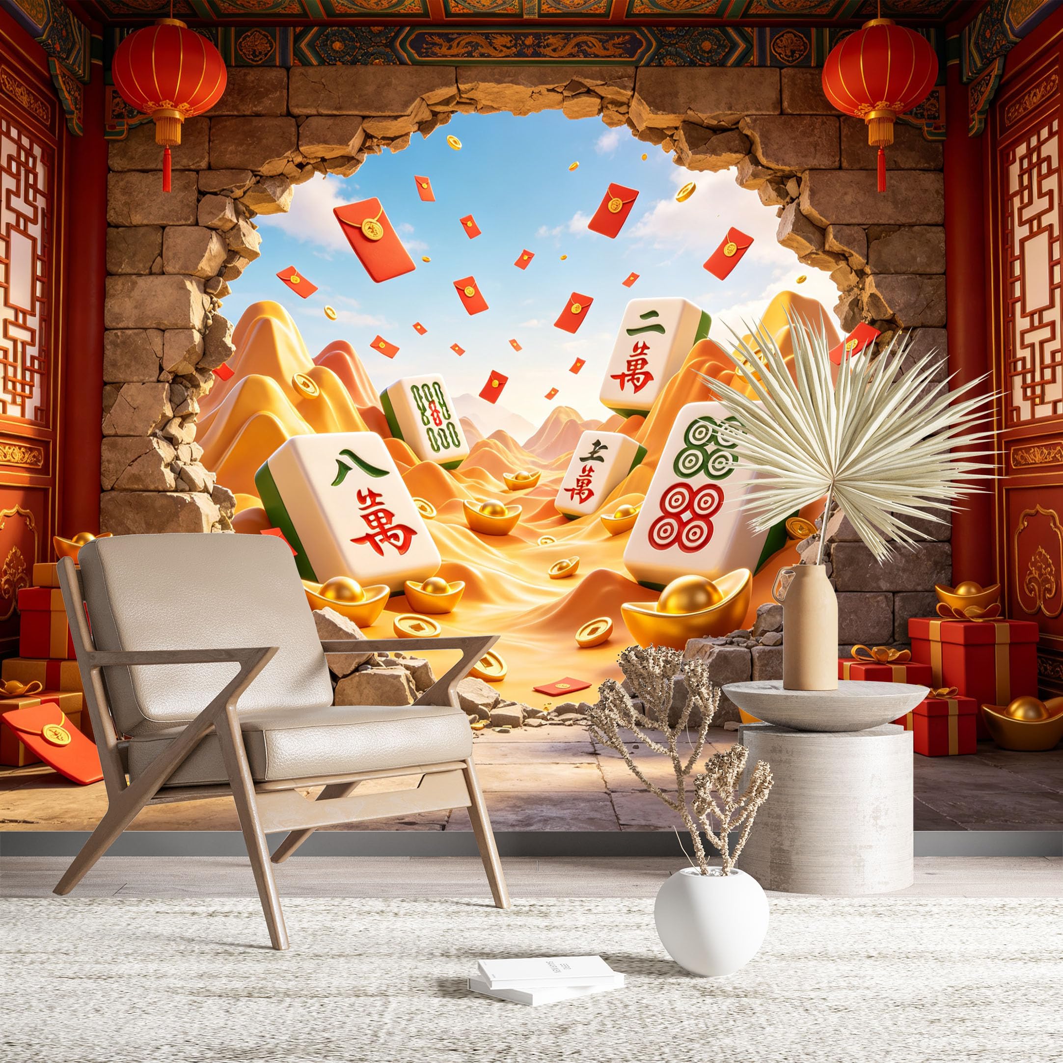 Custom Size Wall Murals Mahjong Gold Treasure Cracked Wall Wall Murals Game Wallpaper Wall Covering Fabric Self-Adhesive Removable Wallpaper for Living Room