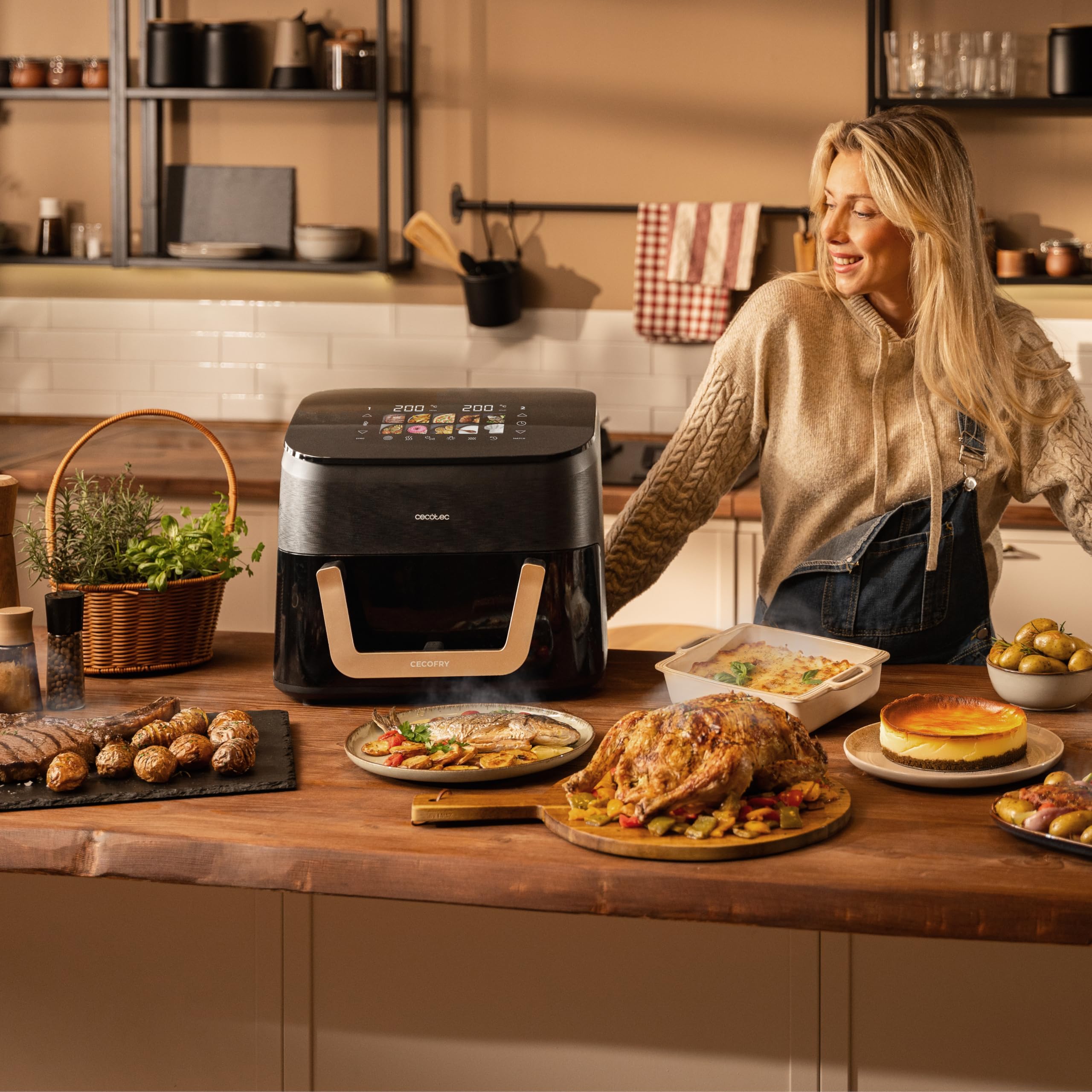 Cecotec Friggitrice ad Aria 11L con triplo Grill e Affumicatore Cecofry&Grill Smokin' 11000 Plus. 2900 W, 200º máx, Grill Superiore e Inferiore, Doratura Perfetta, Gusto Griglia, Parete Divisoria