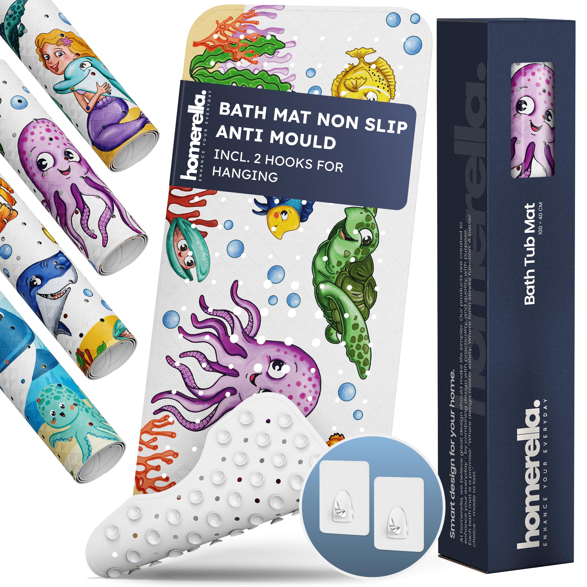 Homerella Fishes Bath Mat Non Slip Anti Mould Kids 100X40cm Incl. 2 Hooks - Anti Slip Bathtub Mat Machine Washable, Bpa Free, Toddler Non Slip Bath Mat For Inside Bath Tub - 100X40_unterwasserwelt