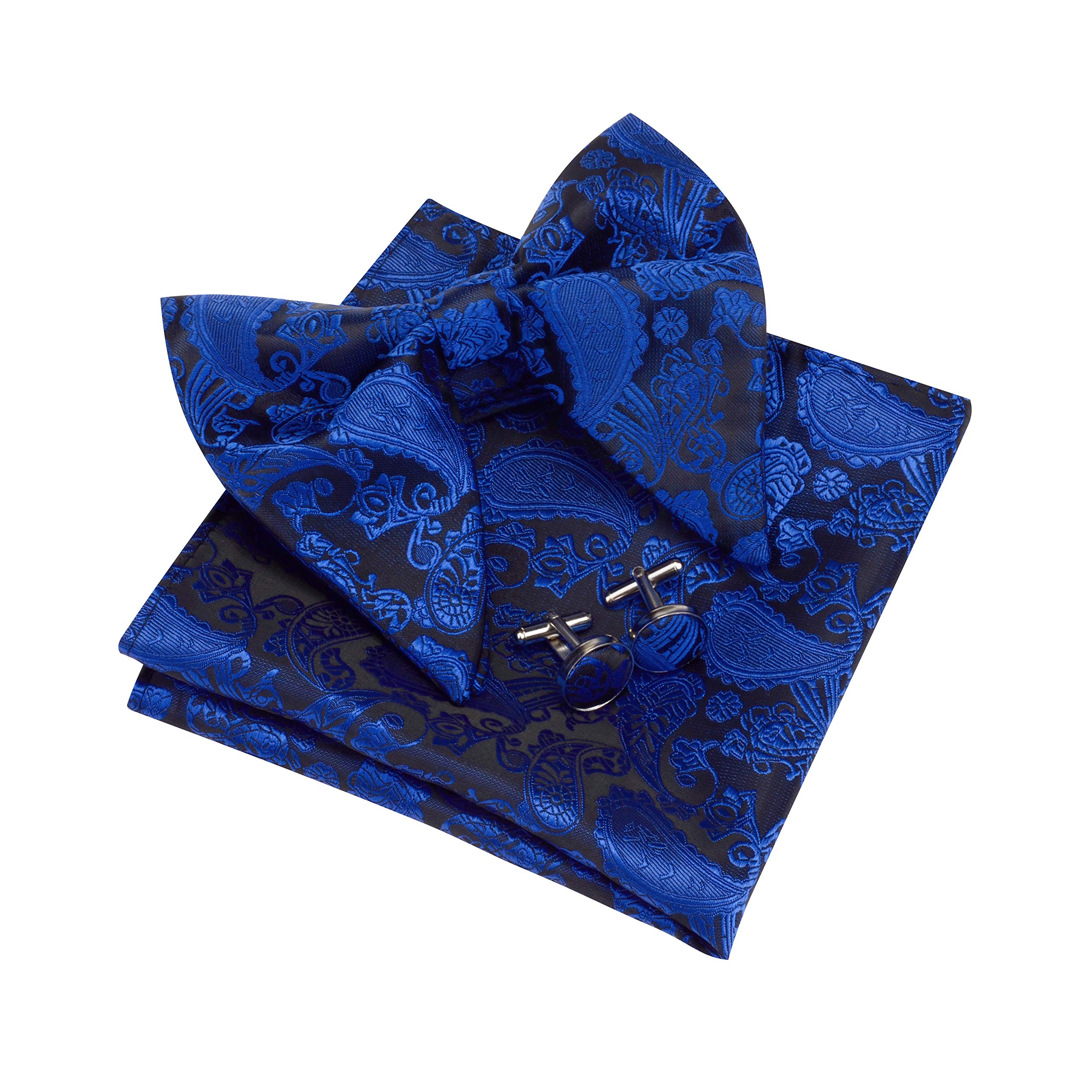 Gusleson Men's Black/Royal Blue Paisley Adjustable Bow Tie And Pocket Square Cufflink Set Pre-Tied Bowtie (Uk0613-11)