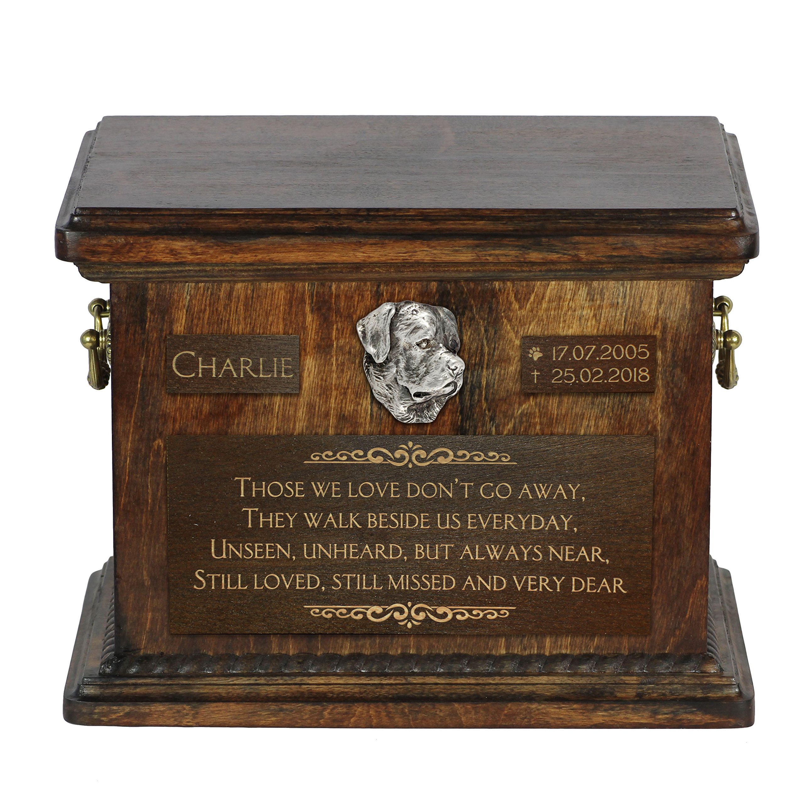 Art-Dog Pet Memorial Urn - Handmade Cold Cast Bronze Portrait on Birch Base - Personalized Dog Cremation Box – Custom Engraving – 8,3x11,4x8,7” – Rottweiler — image 1