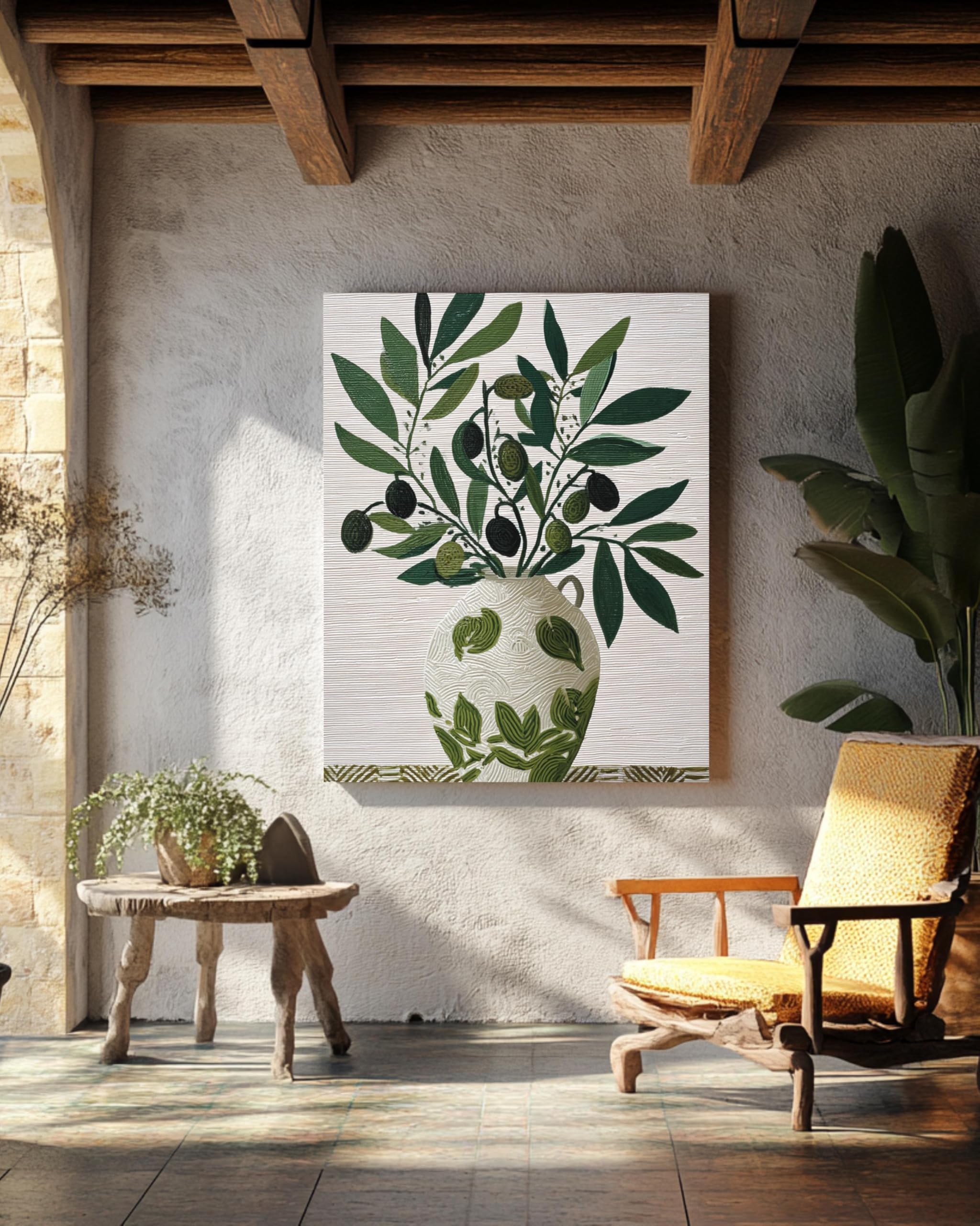 Tongyinli Frameless Minimalist Olive Vase Canvas Wall Art, Classic Matisse Green Leaves Posters And Prints, White Background Art Painting(60X90cm/Frameless)