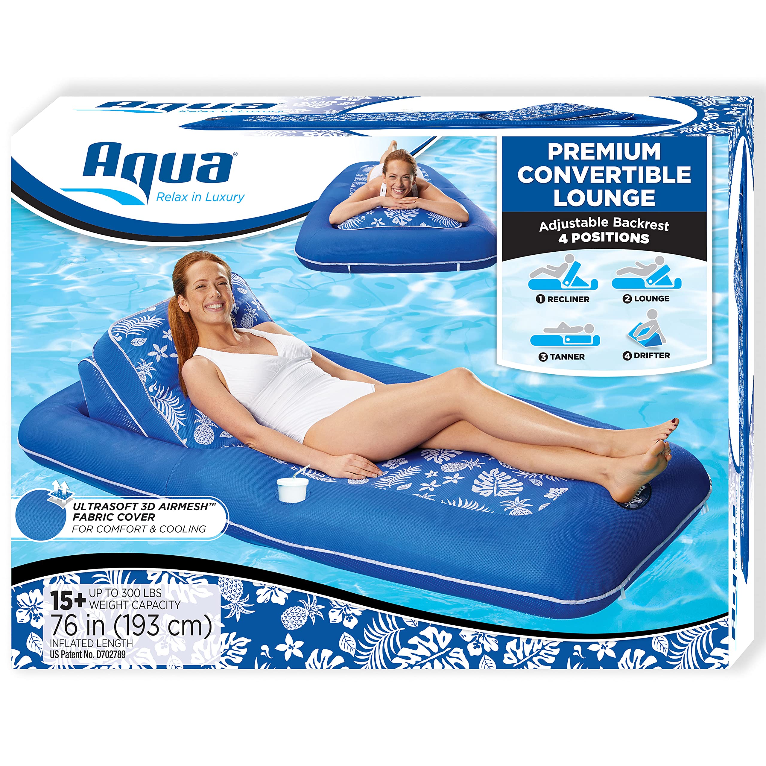 Aqua Premium Convertible Ultimate Pool Lounger, Inflatable Pool Float, Heavy Duty, X-Large, 74” – 90”, Pineapple Hibiscus