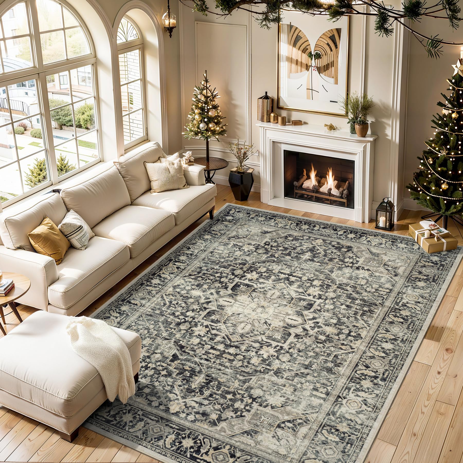 Area Rug 9x12 Living Room Rug, Soft Vintage Washable Rug with Anti-Skid Backing Stain Resistant Thin Indoor Carpet Large Area Rug for Bedroom Under