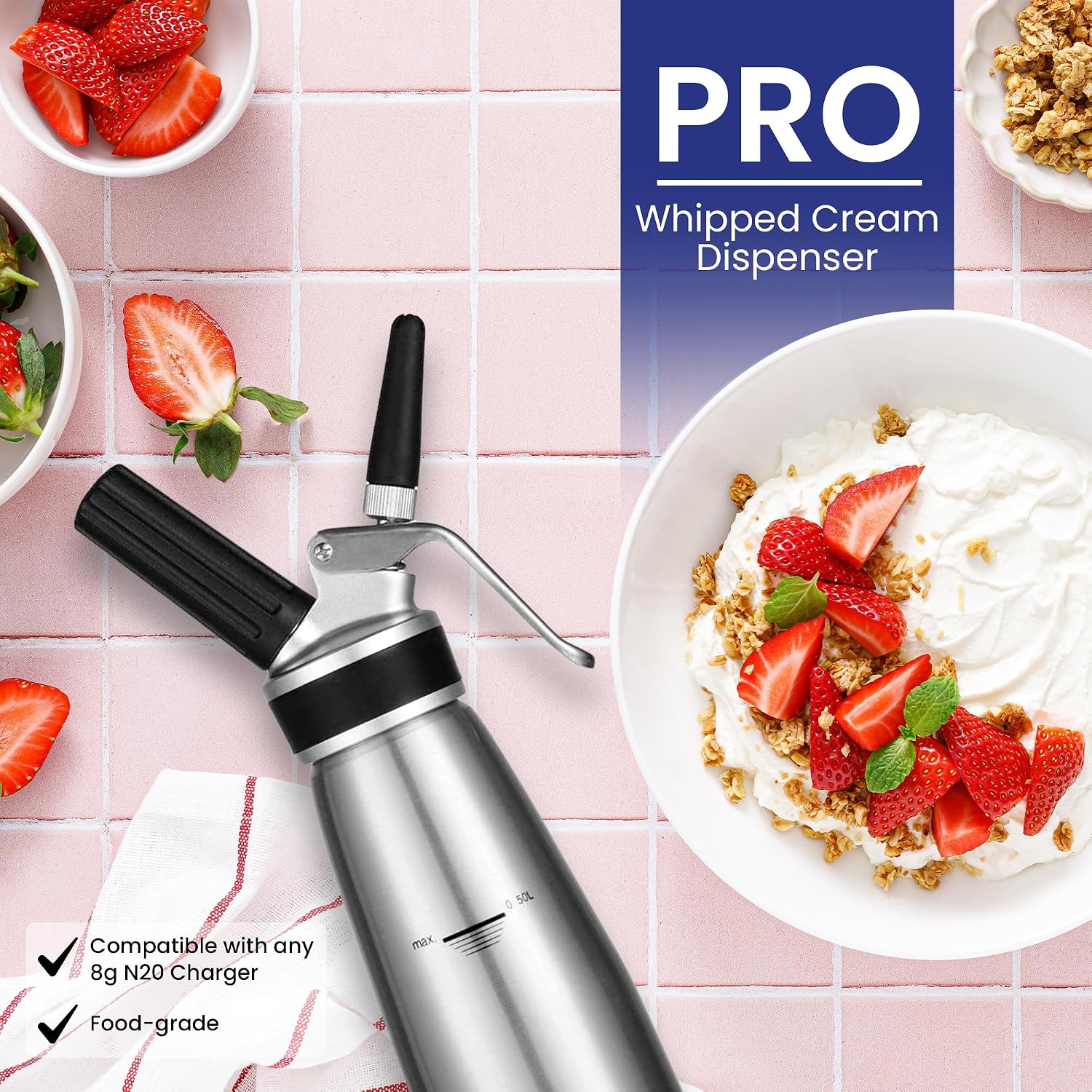 Aluminum Pro Metal Whipped Cream Dispenser, 500ml Professional Whipper with 3 Decorating Tip Nozzles, Compatible with CO2 Whipped Cream Chargers, Whip Maker, Heavy Whipping Cream Dispenser (Silver)