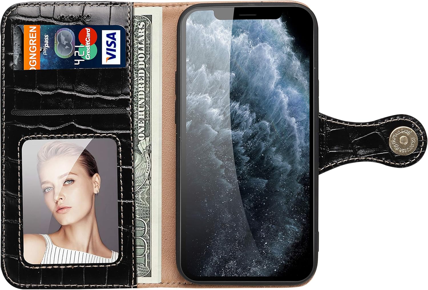 Genuine Leather Wallet Case for iPhone 13,Classic Crocodile Pattern Real Leather Flip Stand Case Cover with Card Slot Black