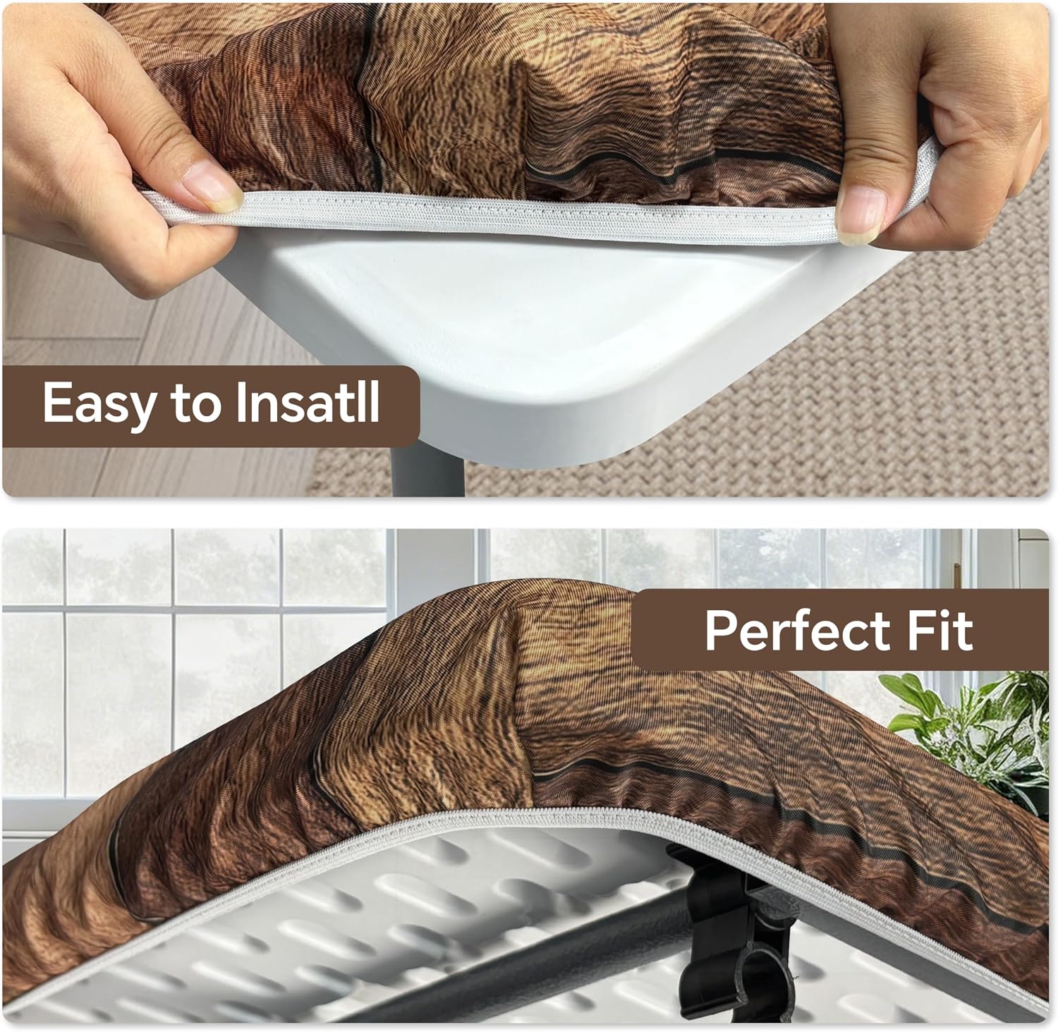 Farmhouse Square Fitted Tablecloth with Elastic Wooden Brown Card Table Cover Waterproof Outdoor Table Cloth for Patio Kitchen Party Decor Fits for 36" x 36" Square Table