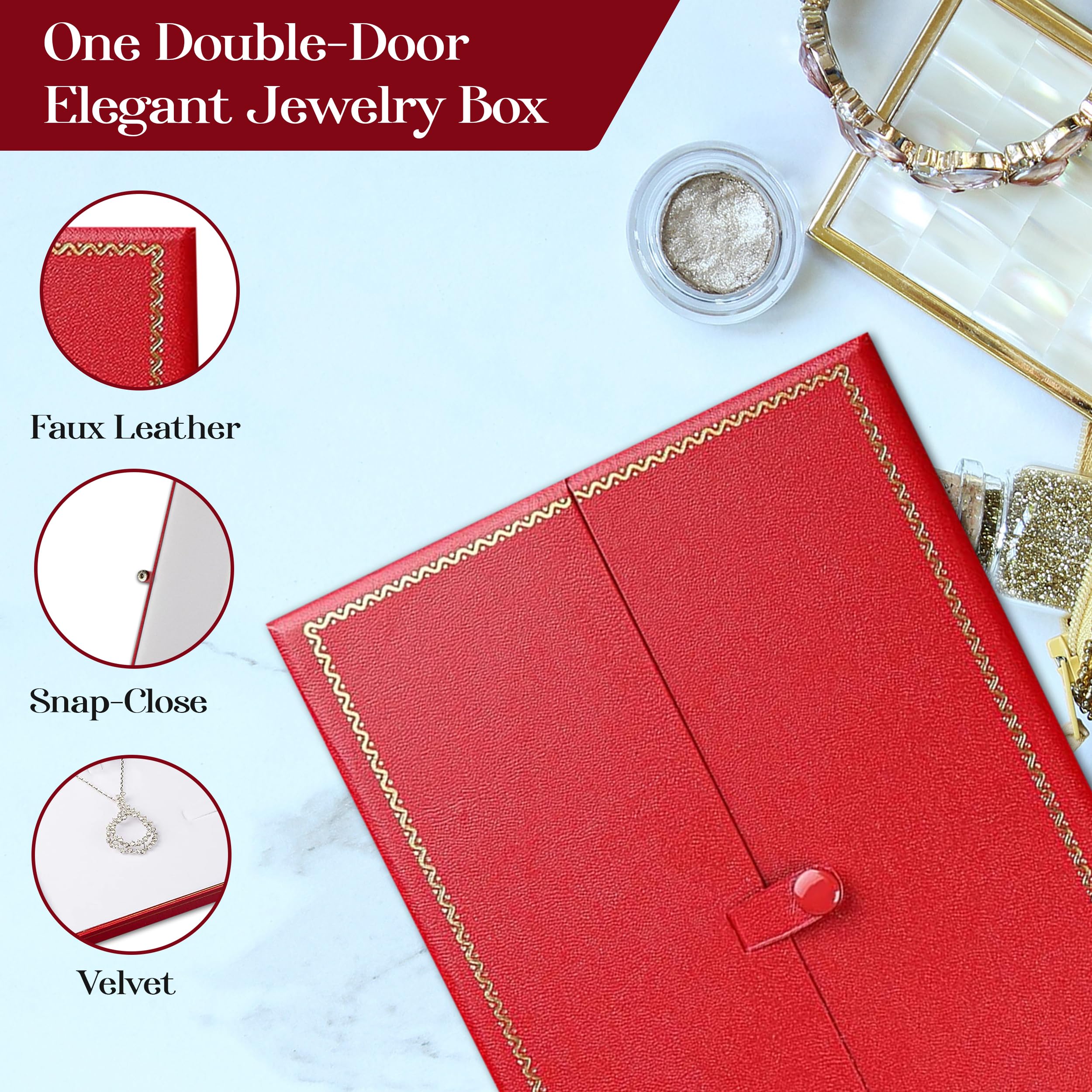 Novel Box - Joyero rojo de 2 puertas para collar de 8.25 x 5.75 x 1 pulgadas, cajas de regalo de collares de doble puerta con ribete dorado, estuche de almacenamiento de collares de piel sintética