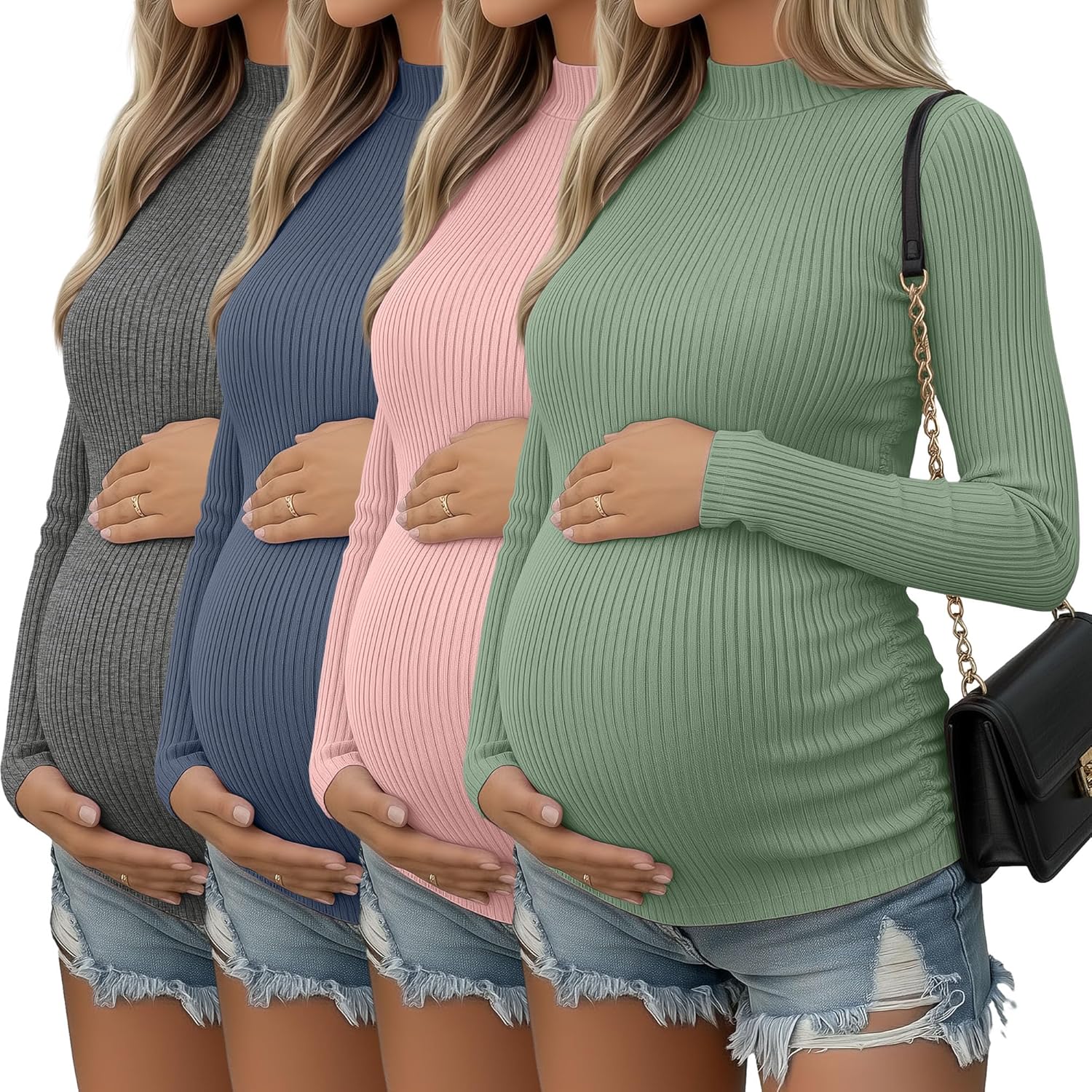 4 Packs Womens Maternity Shirts Long Sleeve Cotton Ribbed Pregnancy Mock Neck Side Ruched Workout Tops for Mama
