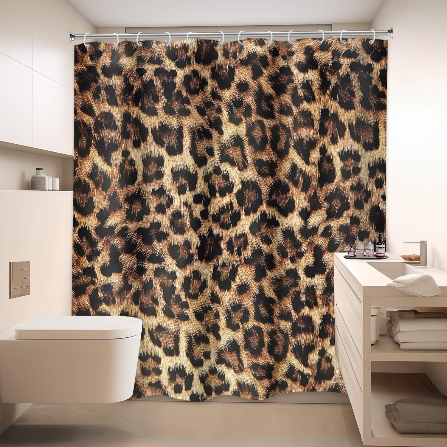 LIGHTINHOME Extra Long Leopard Print Shower Curtain 72Wx84H Inches Wild Safari Powerful Cheetah Cat Panthera Black Brown Wildlife Cloth Fabric Waterproof Polyester Bathroom Home Decor Set with Hooks