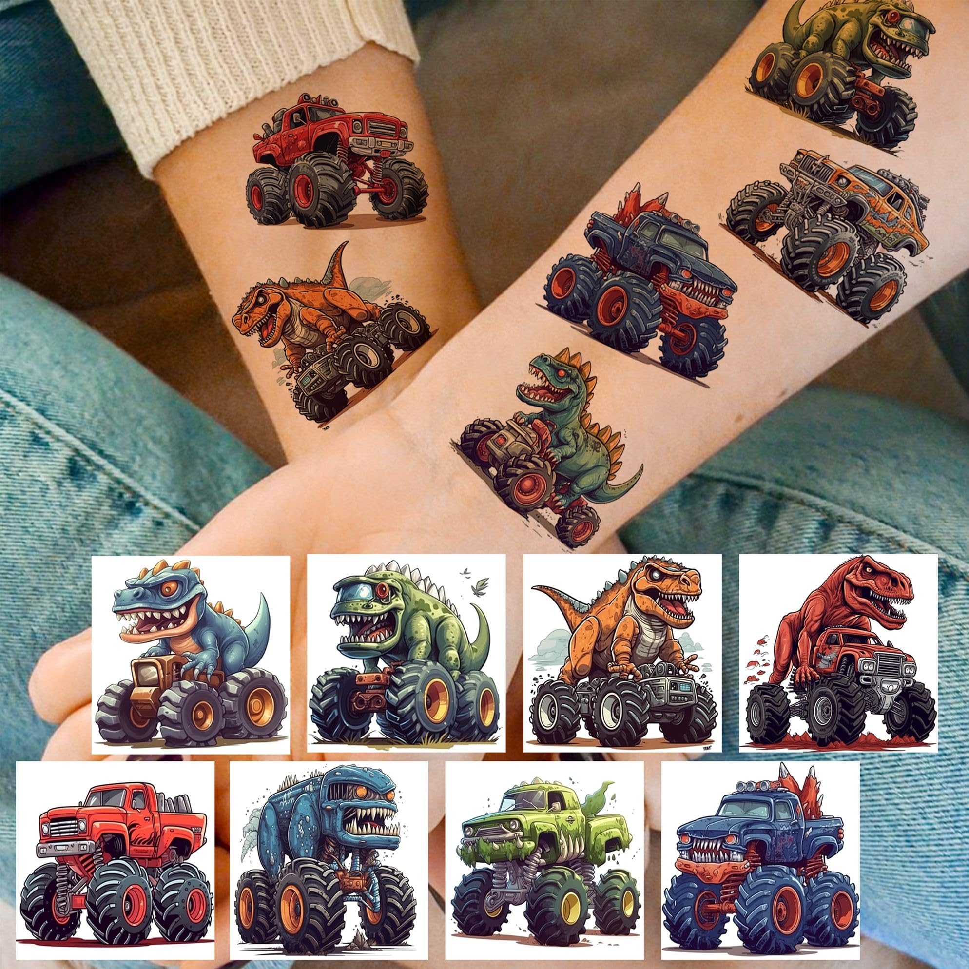 50 PCS 3D Monster Truck Temporary Tattoo for Kids Boys T-Rex Dinosaur Temp Bulk Waterproof Fake Tattoo Stickers Race Car Body Face Arm - Image 2