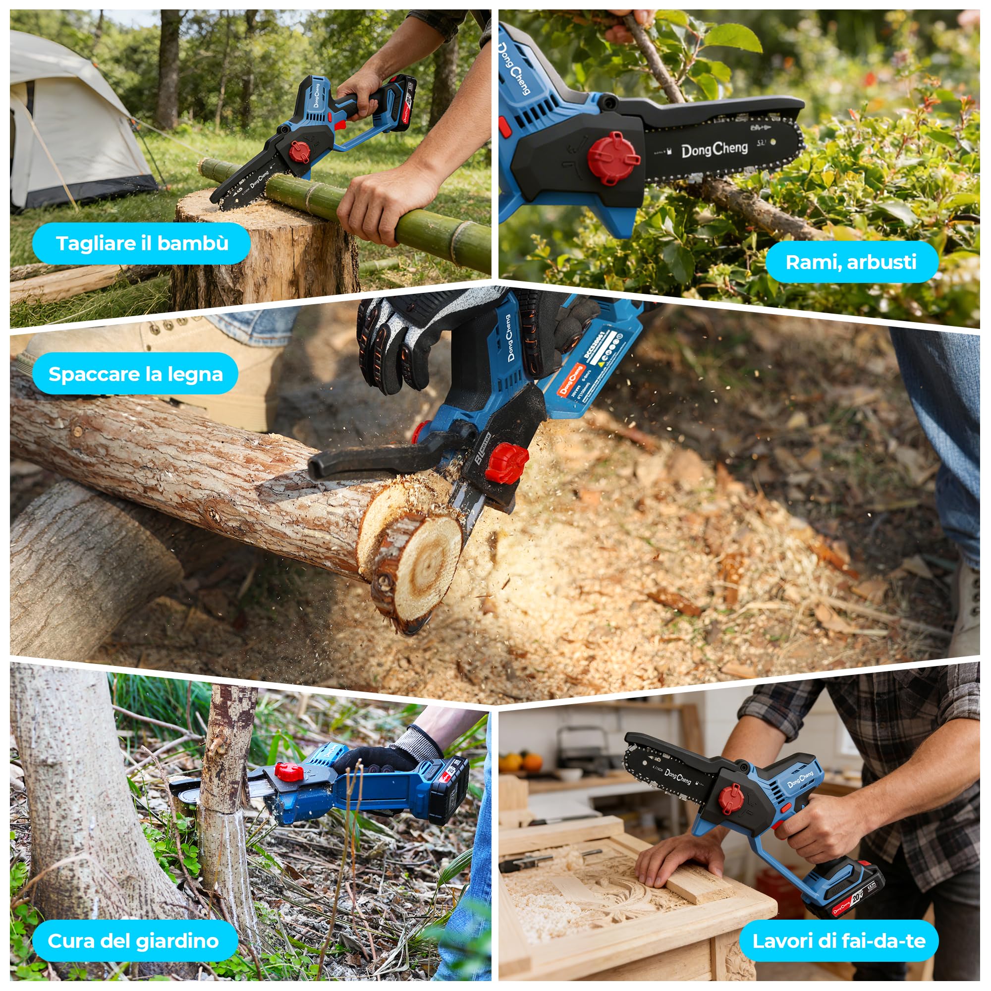 DongCheng Mini motosega a batteria per giardinieri e camperisti, motore brushless 750 W, 2 batterie 2000 mAh, 1,2 kg, mono mano, lama 15 cm, 8 m/s, tensionamento senza attrezzi e oliatore automatico