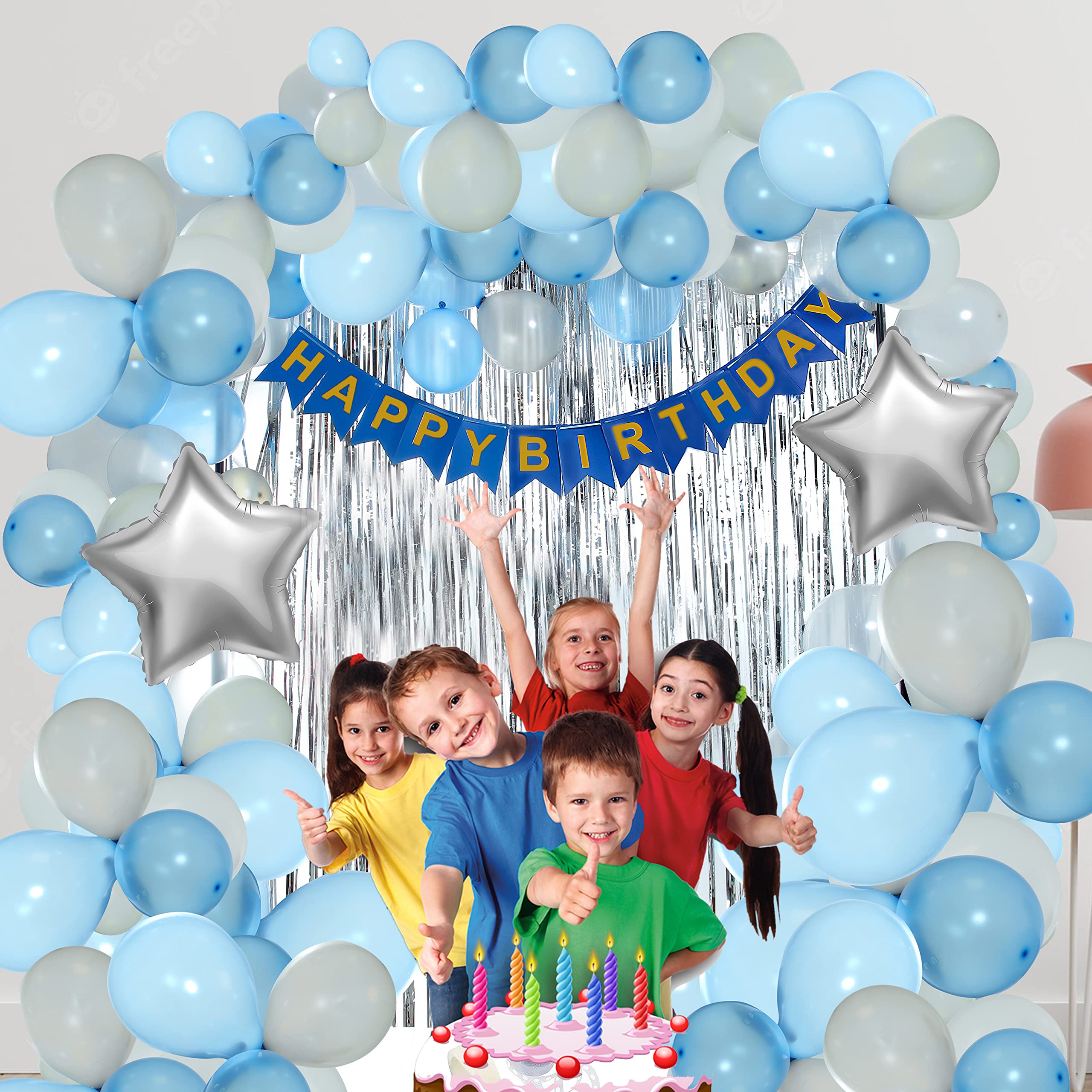 Wing Birthday Combo of 68 Pieces with Blue with Silver and White Balloons, Decoration Items Kit Combo Set Including 10 Piece Set of Blowouts