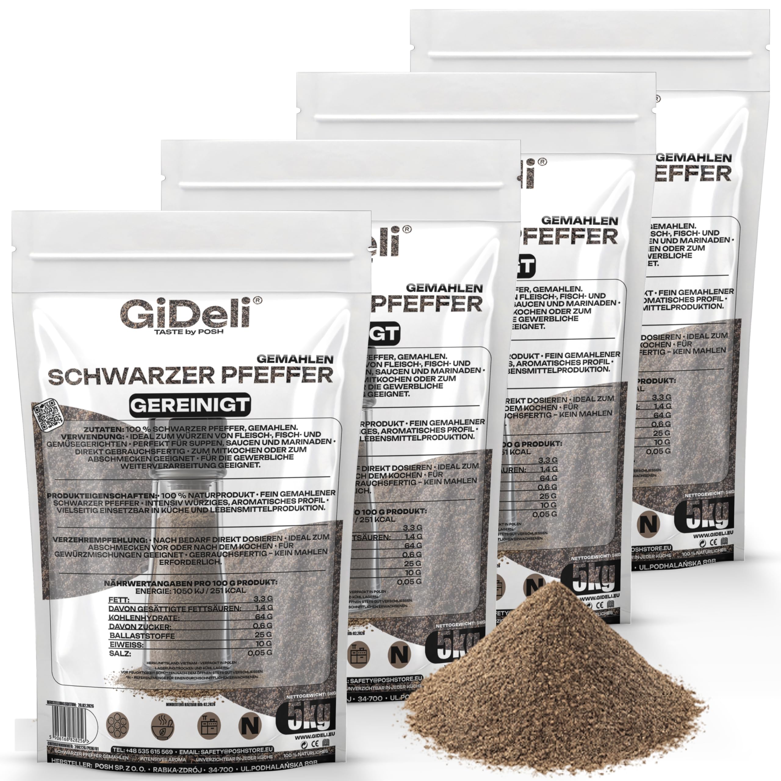GiDeli Schwarzer Pfeffer Gemahlen 4 x 5kg - Pfefferpulver für Suppen, Saucen und Fleischgerichte - Aromatisch und Vielseitig - 100% Naturrein ohne Zusätze