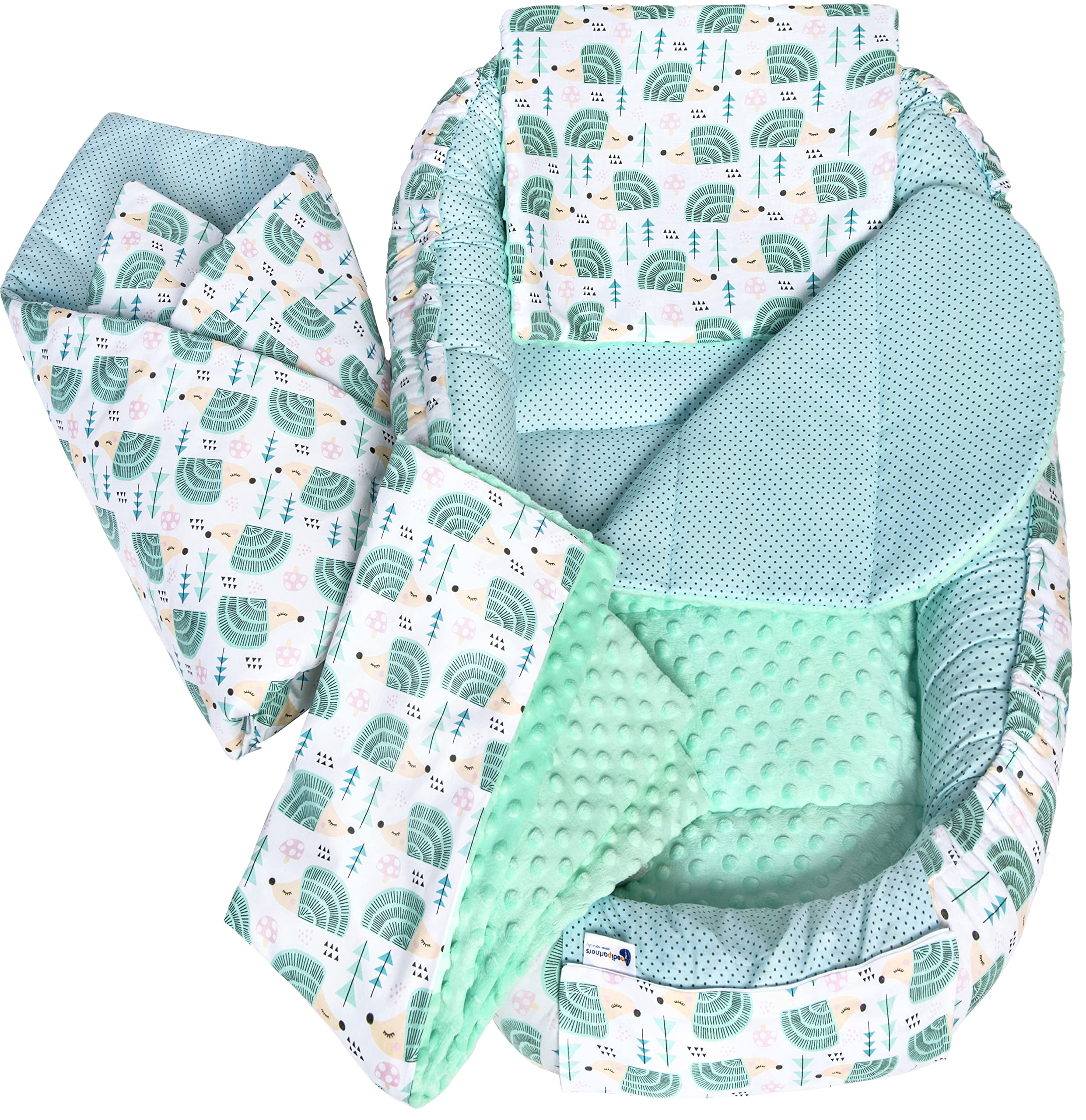 Medi Partners 5-Parti Nido per Bebè 100x60x15 Inserto Rimovibile Letto Cuscino Coperta bambini neonati 100% Cotone (Ricci con Menta Minky)