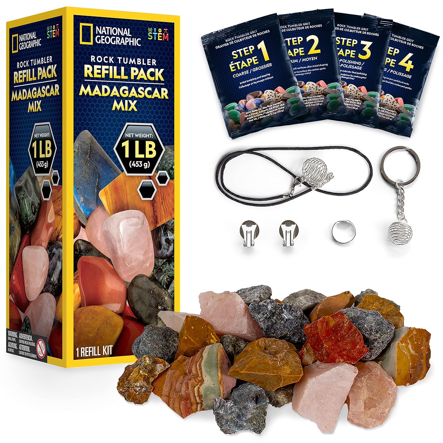 NATIONAL GEOGRAPHIC Rock Tumbler Refill Kit – 1 Lb. Madagascar Rocks for Tumbling with Rose Quartz, Red Jasper, Indigo Gabbro & More - Tumbler Supplies, Rock Polishing Grit and...