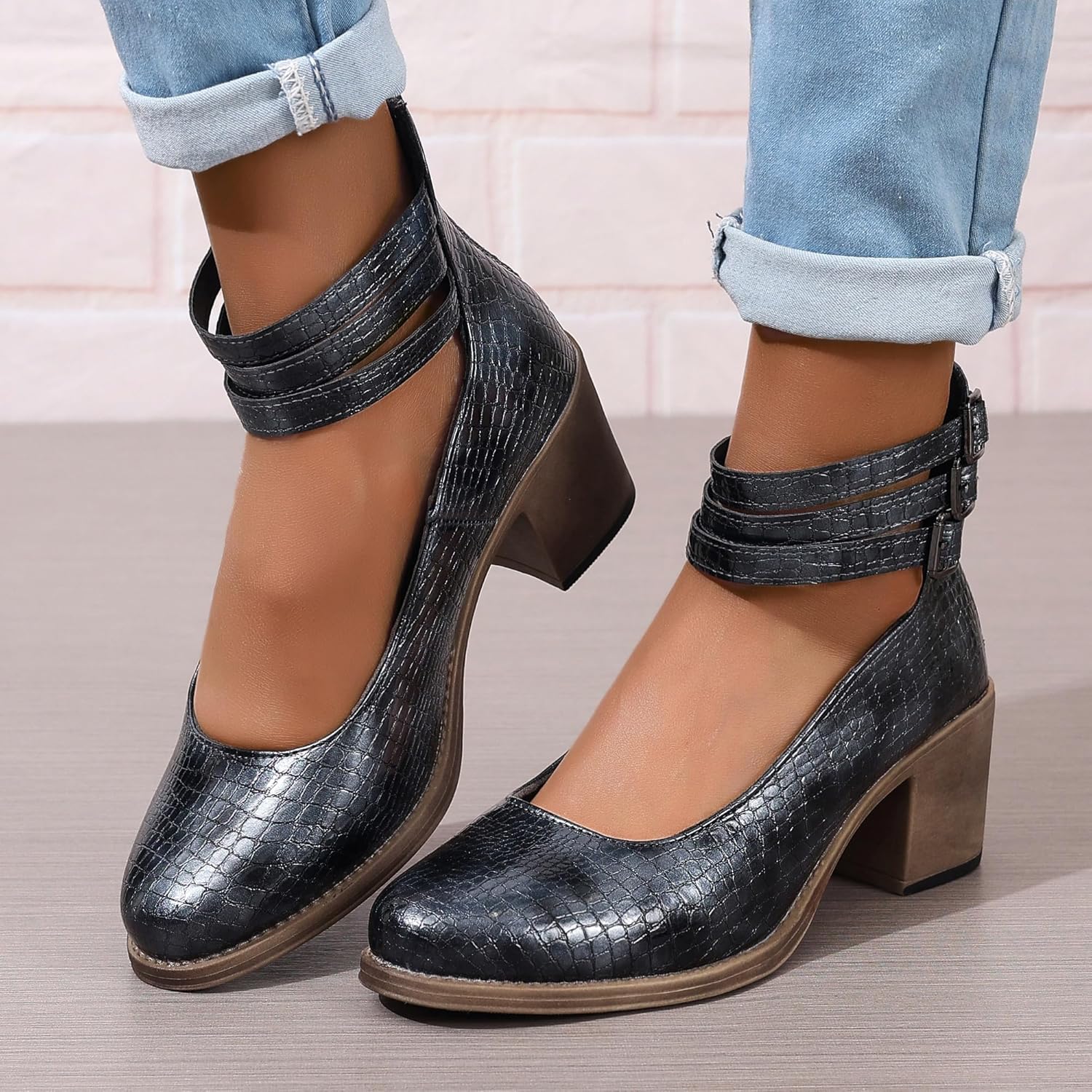 Mary Jane Shoes Womens Pumps Heels Animal Print Round Toe Ankle Straps Comfortable Dress Shoes for Business Casual, US Size 6-10.5 - Image 3