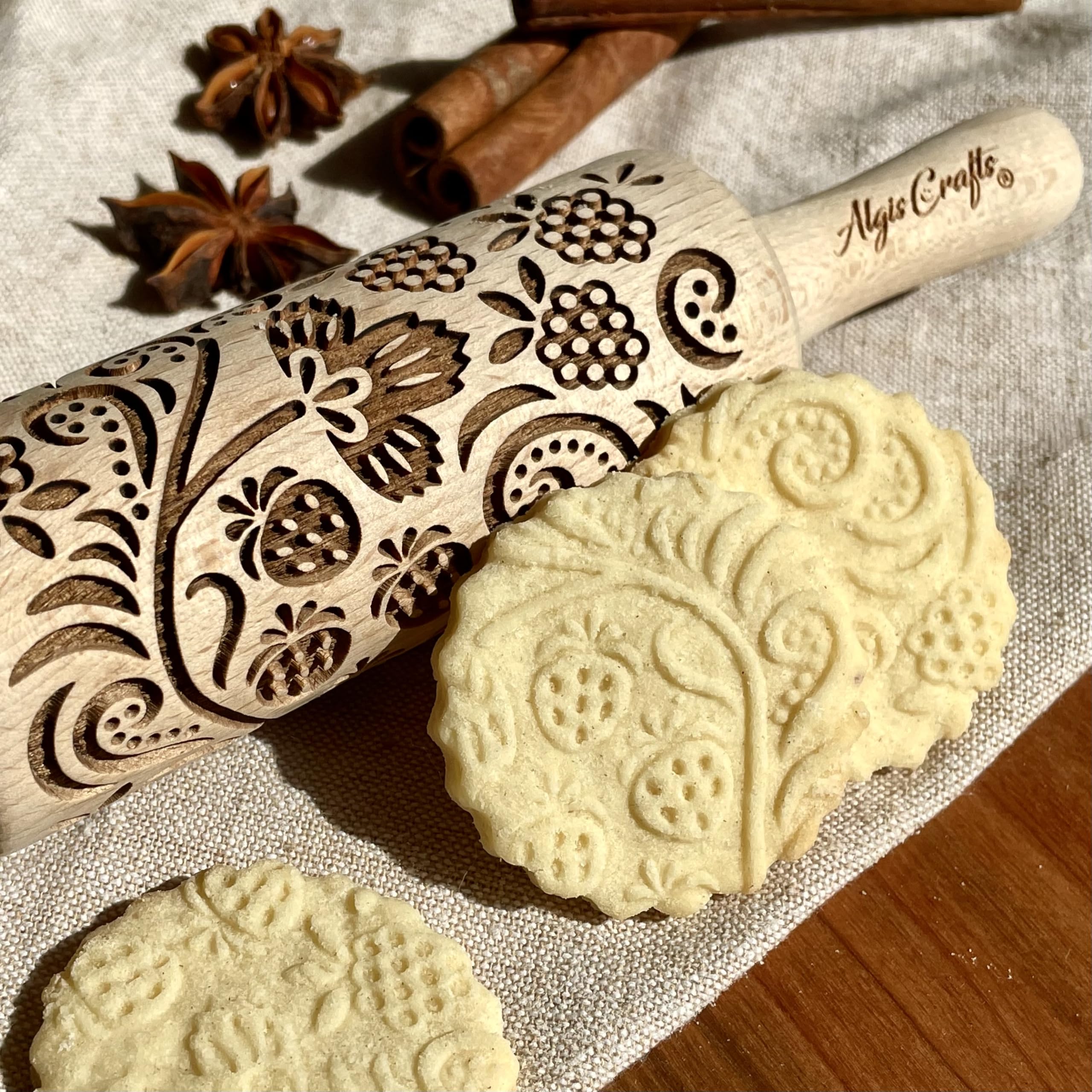 STRAWBERRY Embossing Rolling Pin. Engraved Wooden Dough Roller for Embossed Cookies or Pottery. Rolling Pins by Algis Crafts