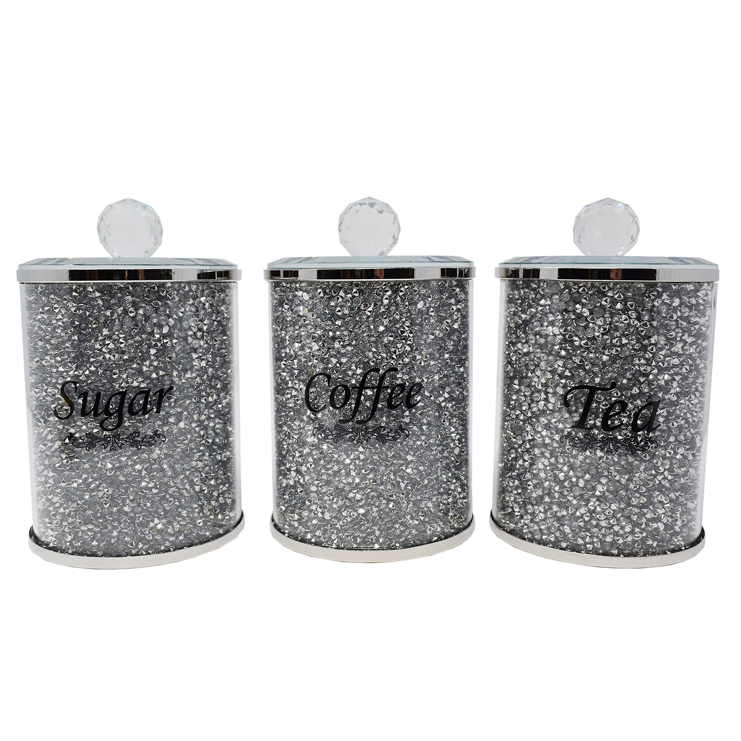 Crystal Crown Black,Silver Ornament Bling Diamond Gift | Crystallized 15Cm Large Tea Coffee Sugar Canisters Jars Storage Silver Trimmings Crystal Filled| Crushed Diamond Display | Present, Home Decor
