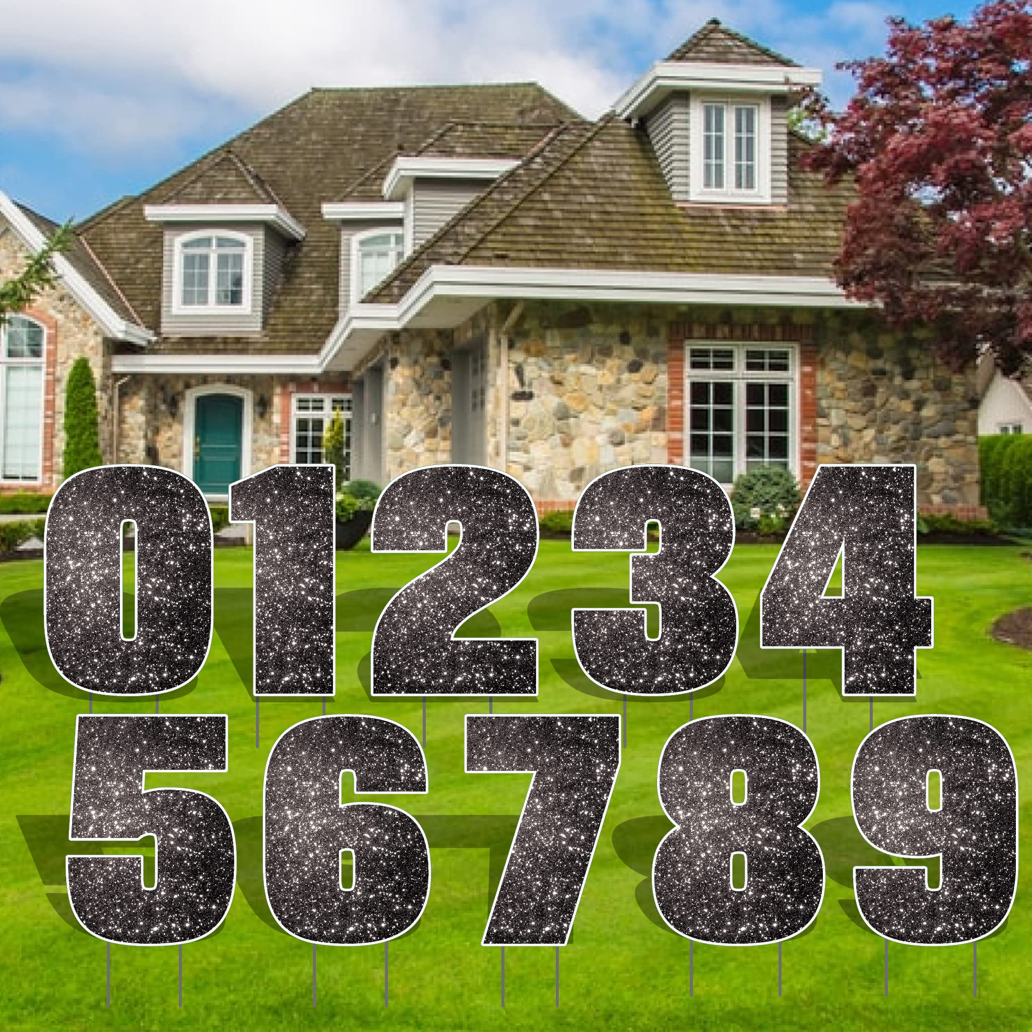 VictoryStore Jumbo Yard Sign Numbers: 35 Inch Lawn Numbers Includes 0-9, Numbers for Yard Card Business, Includes EZ Stakes (Black Sparkle)