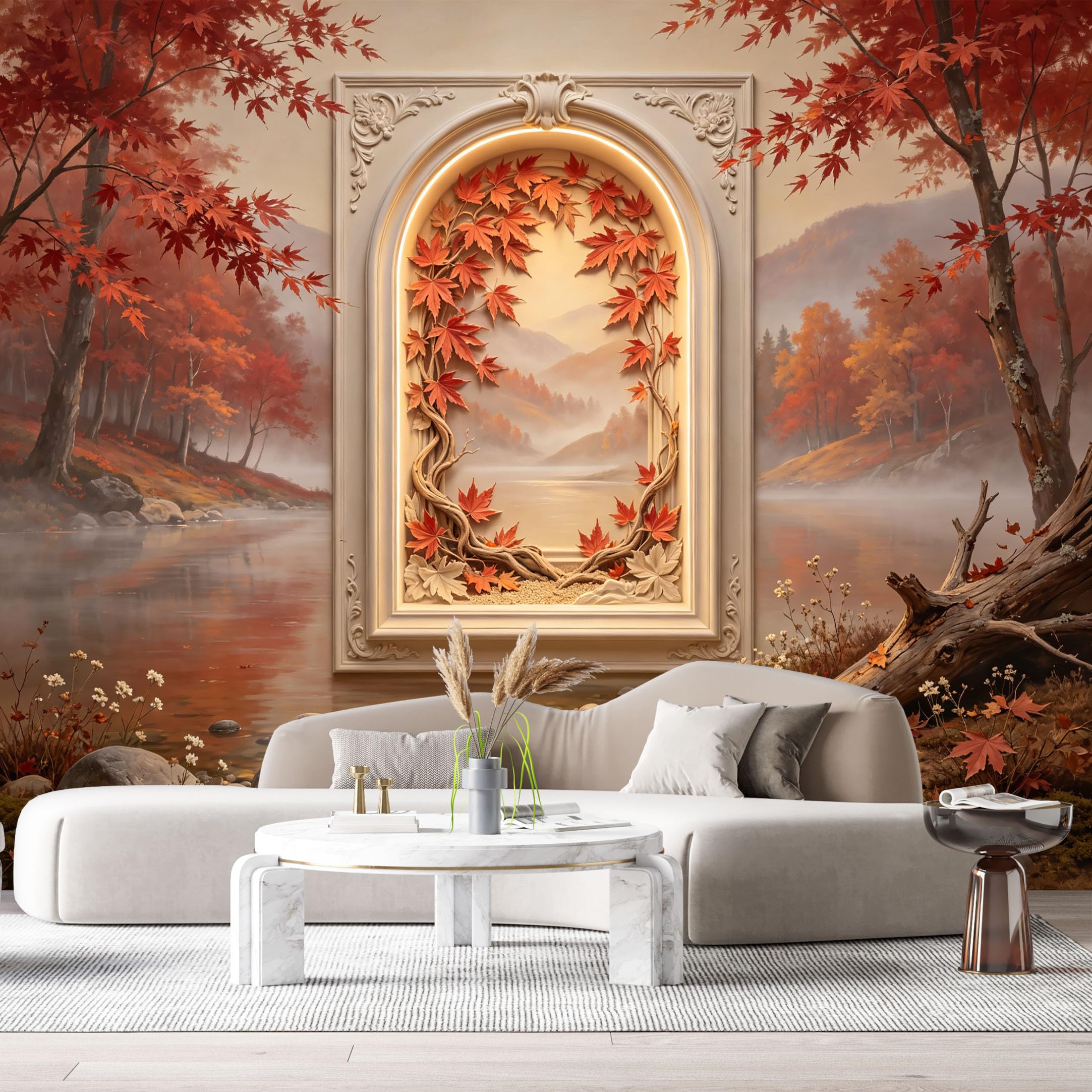 Custom Size Wall Murals Autumn Maple Tree Lake Landscape 3D Trompe L'Oeil SelfAdhesiveWall Fabric Removable Wallpaper Wall Decor for Living Room Bedroom Bathroom