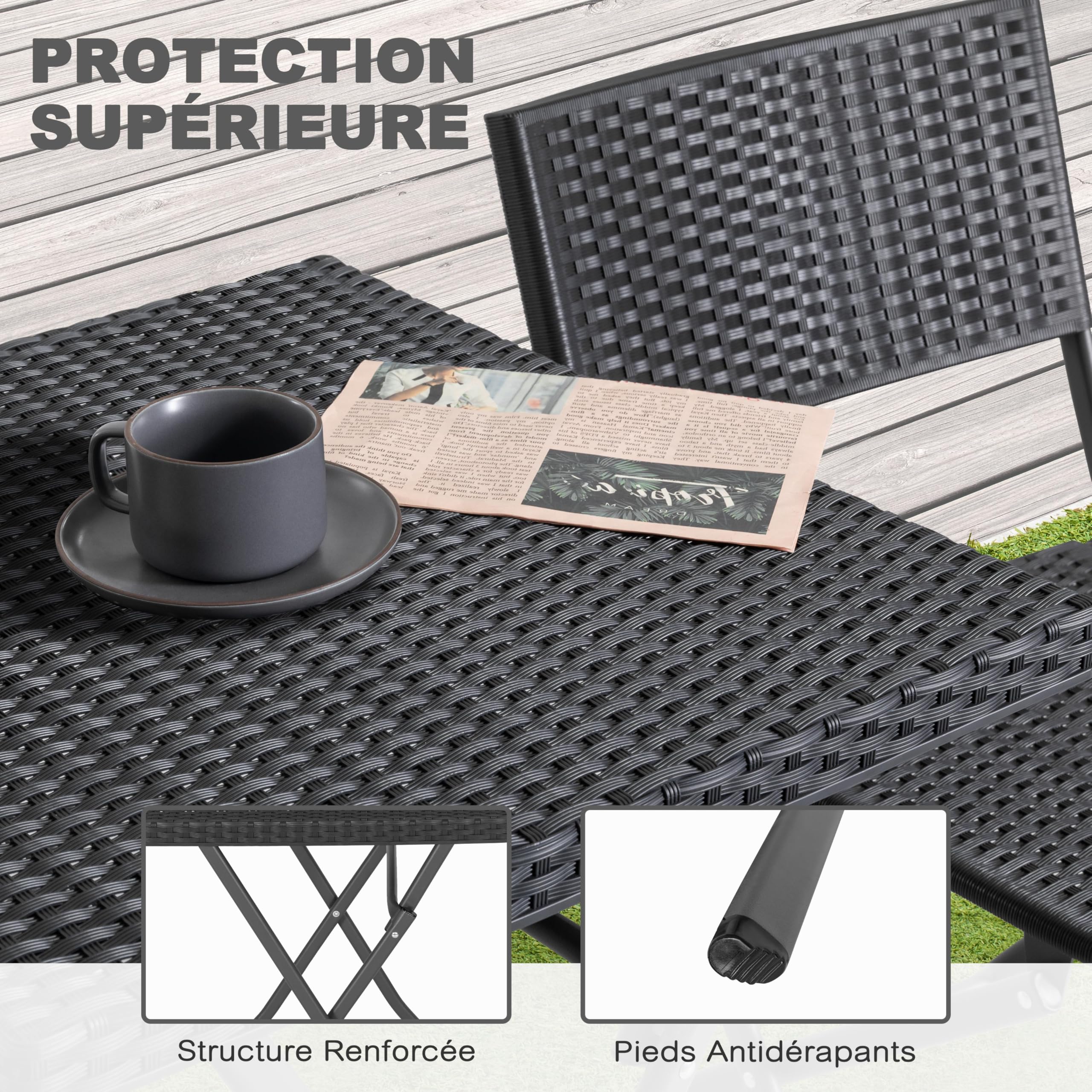 Avestar Ensemble de Bistrot Pliable 3 Pièces Table & 2 Chaises en Rotin PP, Résistant aux Intempéries, Noir