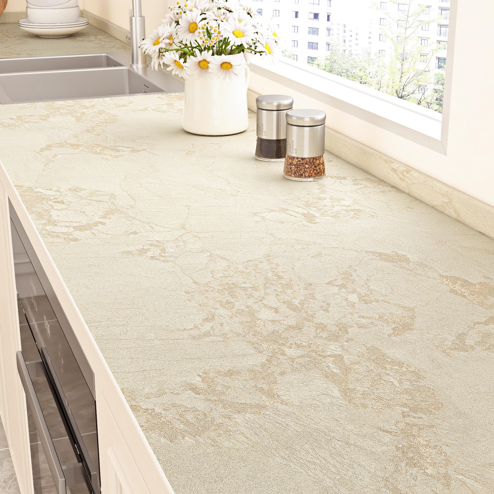 Papier peint marbre crème ReWallpaper avec veines dorées de luxe pour cuisine