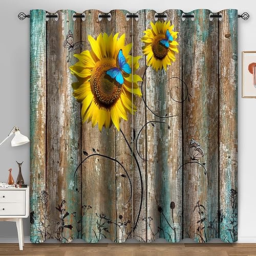 Miniatura 1 de Aimego Cortinas opacas rústicas florales de girasol, cortinas de oscurecimiento de habitación, cortinas de madera de campo con mariposas azules,