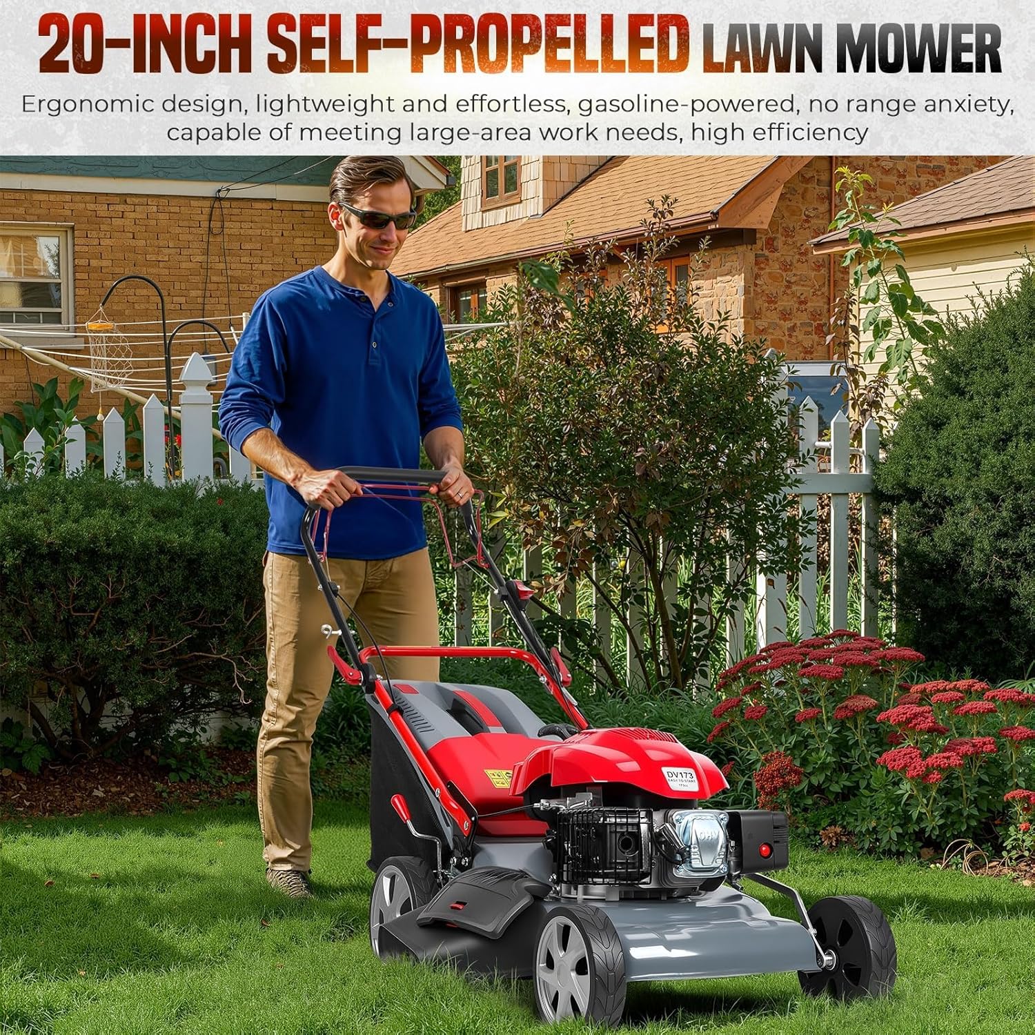 173cc Gas Powered Self Propelled Lawn Mower[Foldable] - Easy to Start, 3 in 1 Multi Functional Gas Push Lawnmower with 60L Grass Tank for Yard Garden, Self-Propelled Rear Wheel System, 20 Inch Red
