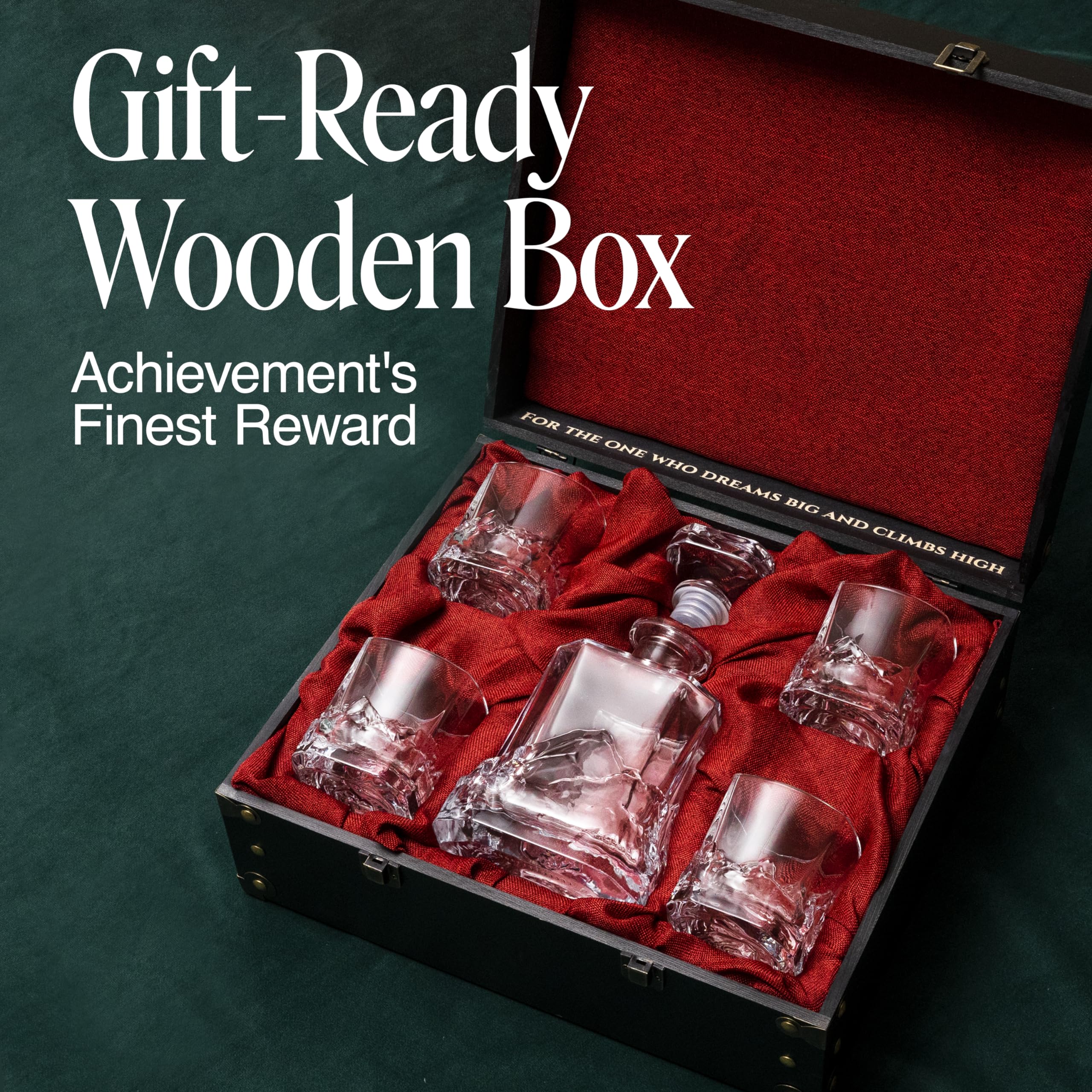 Unique Everest Whiskey Decanter Set with Glasses in Wooden Gift Box - Mountain Expedition Theme - Airtight Heavy 750ml Bourbon Decanter with 4 Heavy Scotch Tumblers - Whiskey Decanter Sets for Men