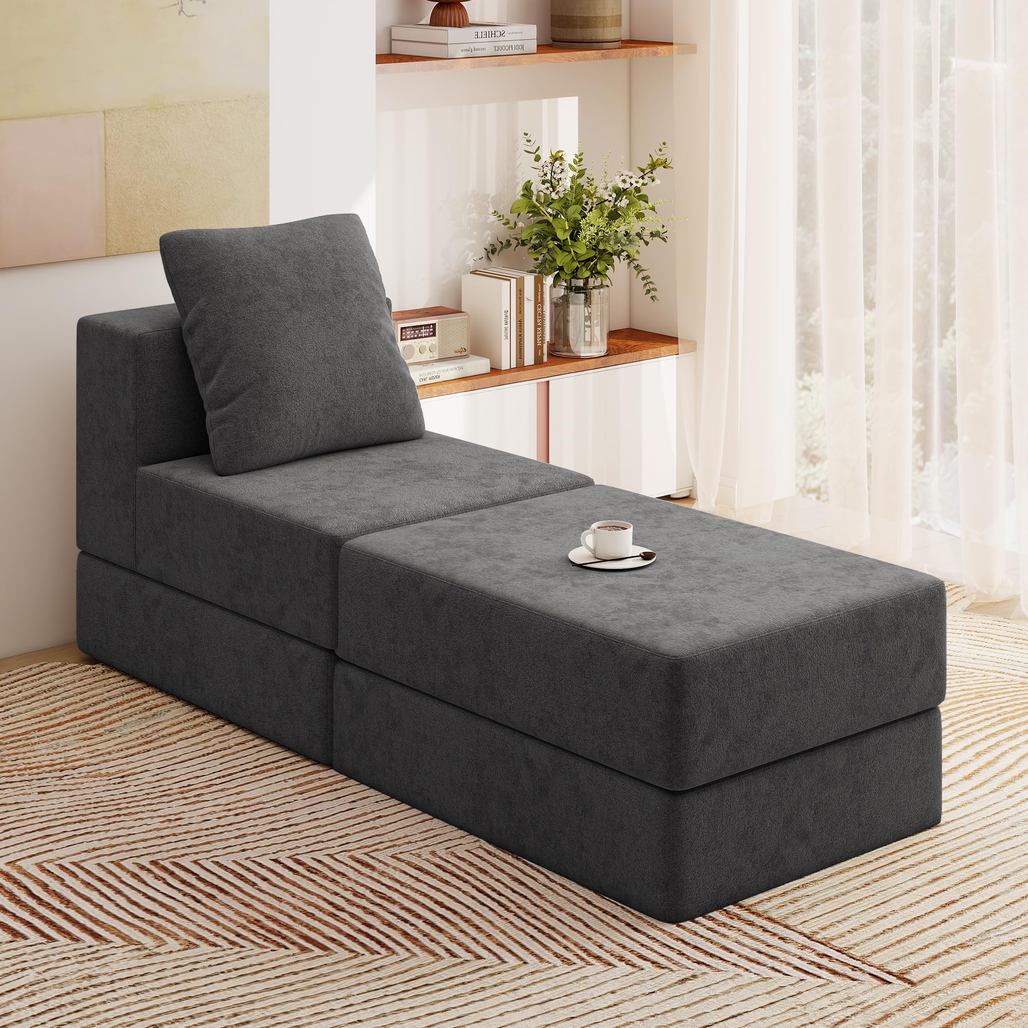 Living&Giving（WALKBON） Living&Giving Cloud Sectional Couch for Living Room, Modular Boneless Couch with 1 Ottoman, Middle-seat Can Be Combined with Modular Sofa, Customizable Layout for Any Space, Dark Grey