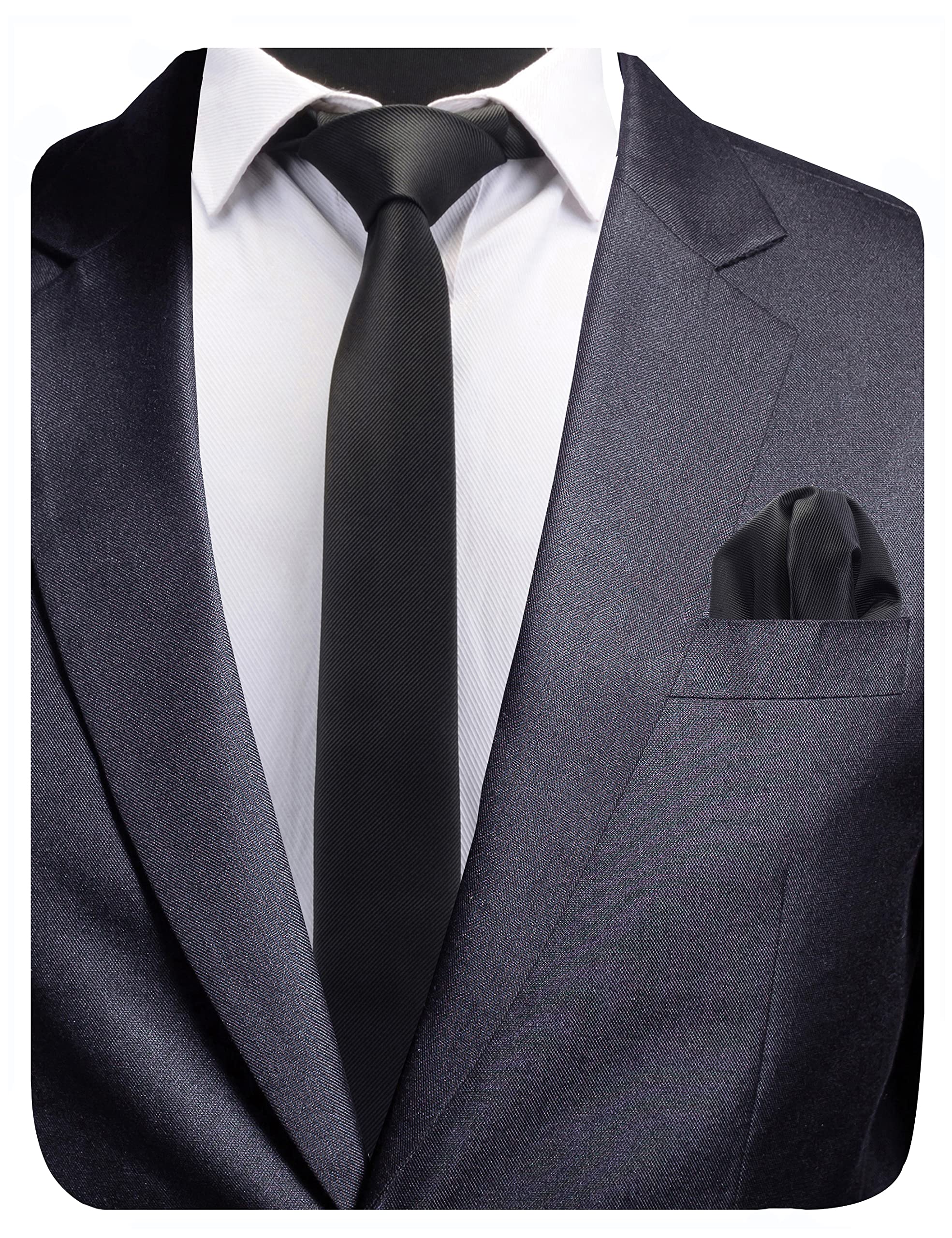 Gusleson 2.4" Slim Necktie and Handkerchief Set For Men Solid Skinny Tie