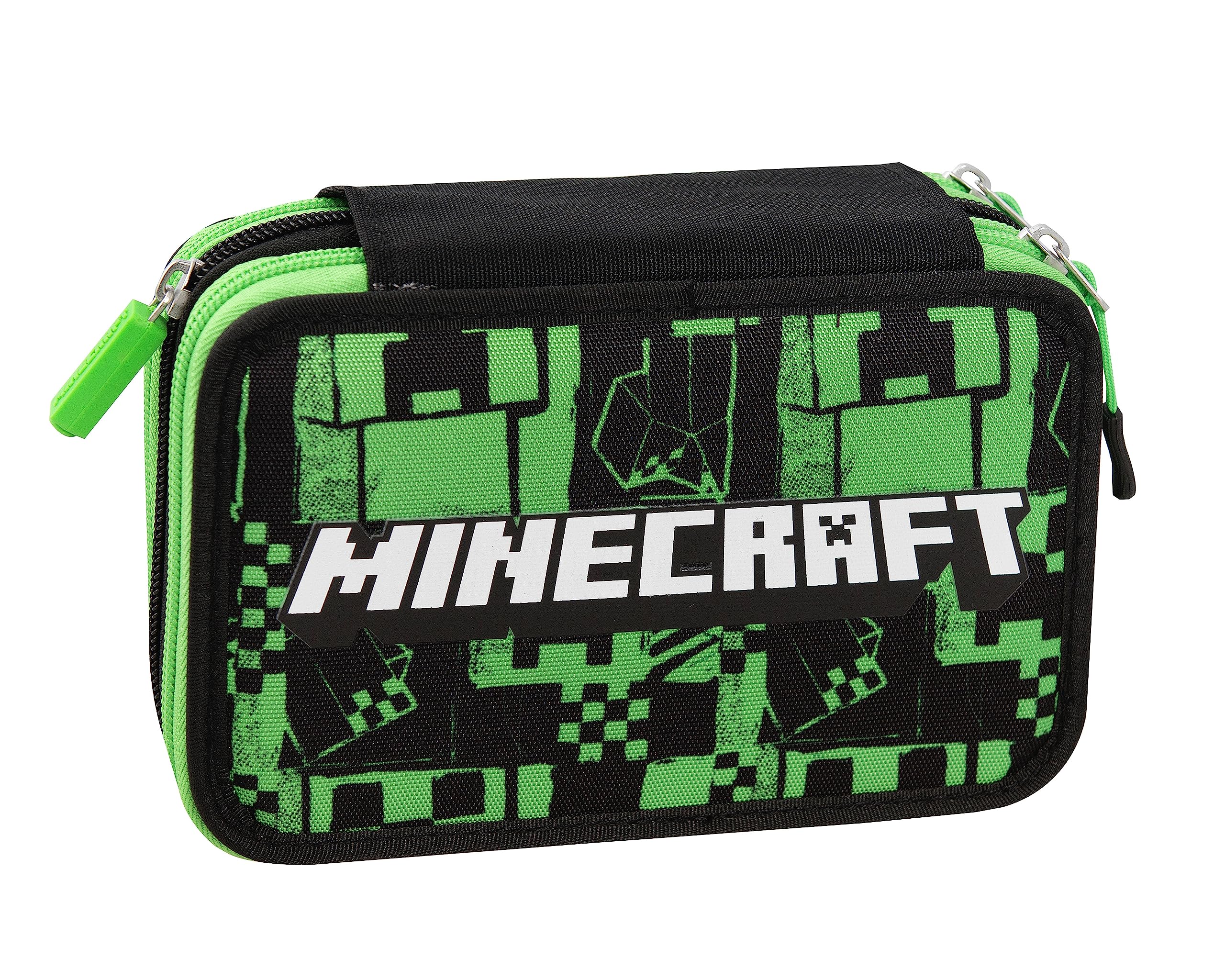 Franco Cosimo Panini MINECRAFT - Estuche de 3 compartimentos para niña y niño con papelería escolar integrada y compartimentos para lápices + bolígrafo borrable - Estuche escolar grande - Verde - 20 x