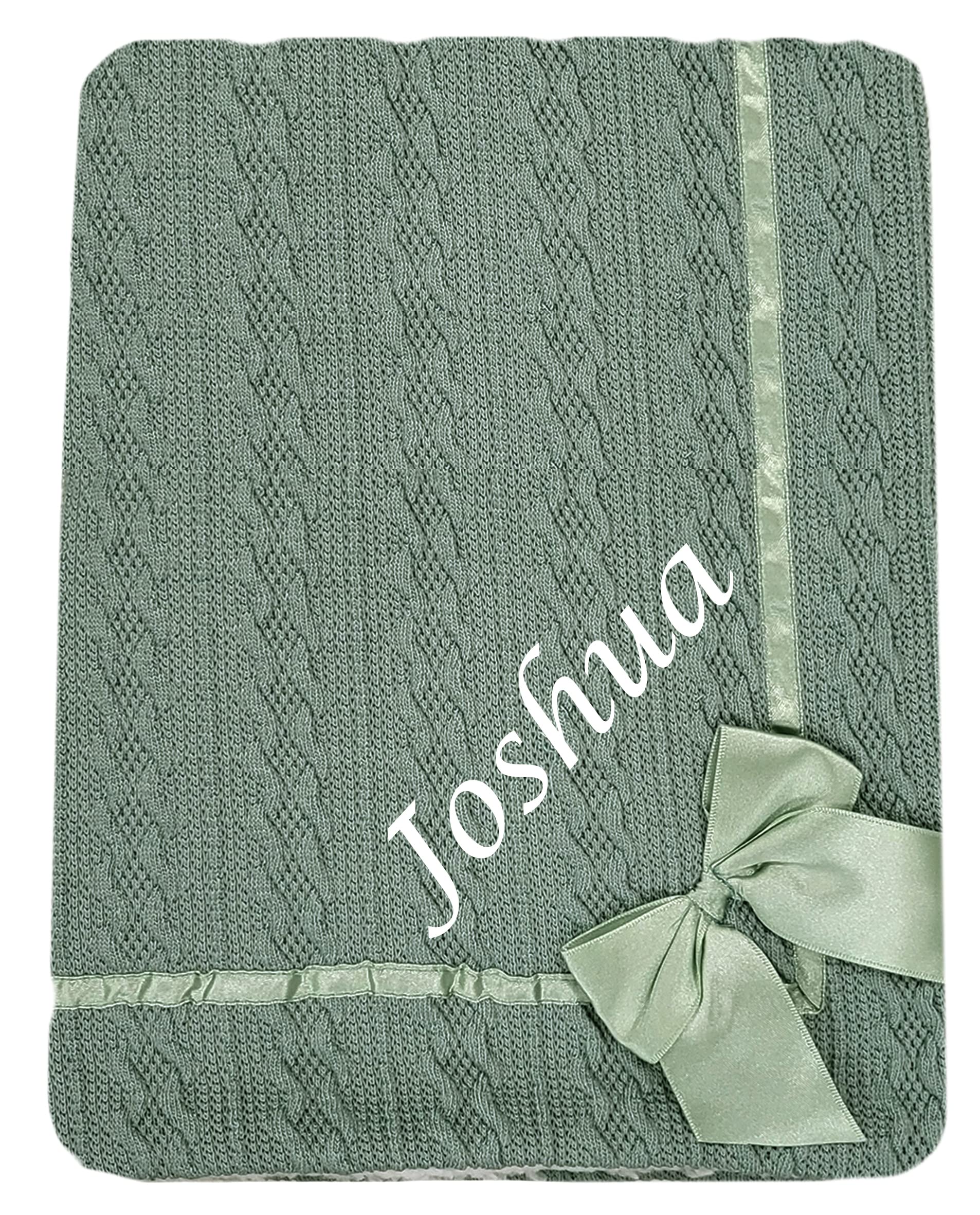 Baby Boy Girl Personalised Knitted Bow Blanket Embroidered Name (Sage Green)