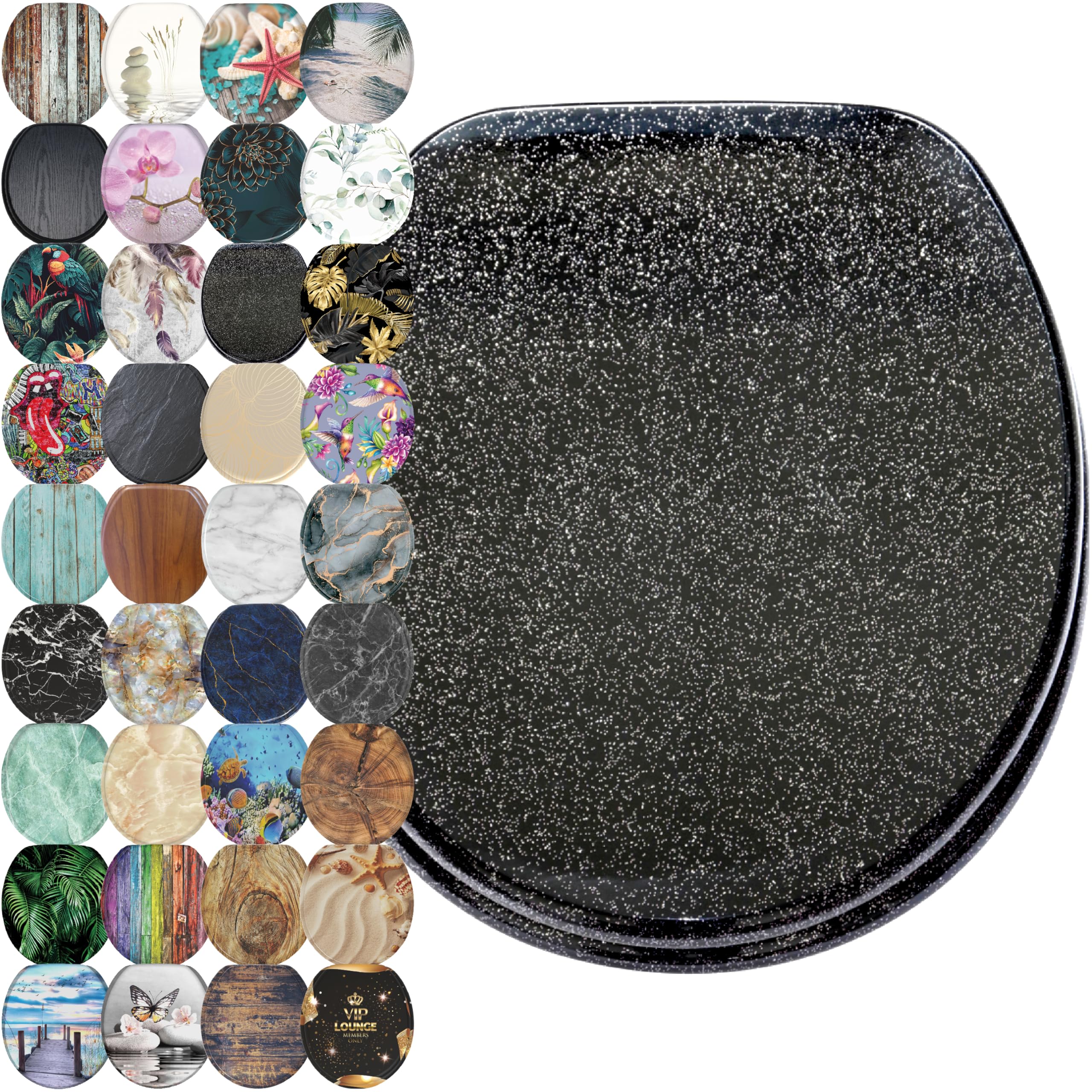 SANILO Wooden Toilet Seat with Soft Close [ROUND] - Decorative, Quiet & Slow Close Molded Wood Seat - With Strong Bumpers & Hinges - Adjustable Fit – Glittering Black