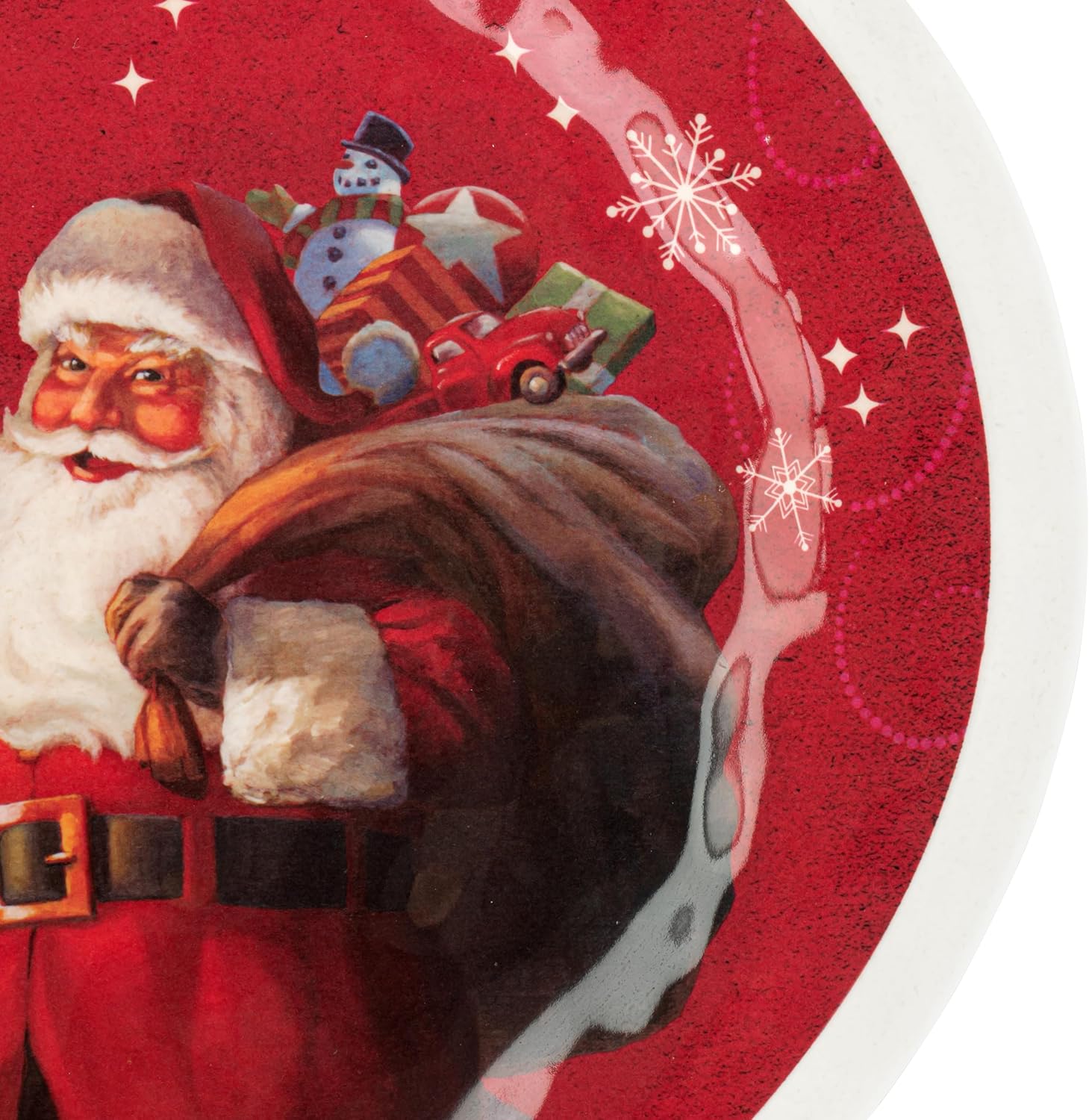 DEMDACO Here Comes Santa Claus Rosy Red, White Large Oval 20 x 14 Inch Melamine and Bamboo Wood Christmas Tabletop Décor, Entertaining, Serving, Dish Plate Platter, Snowfall Santa