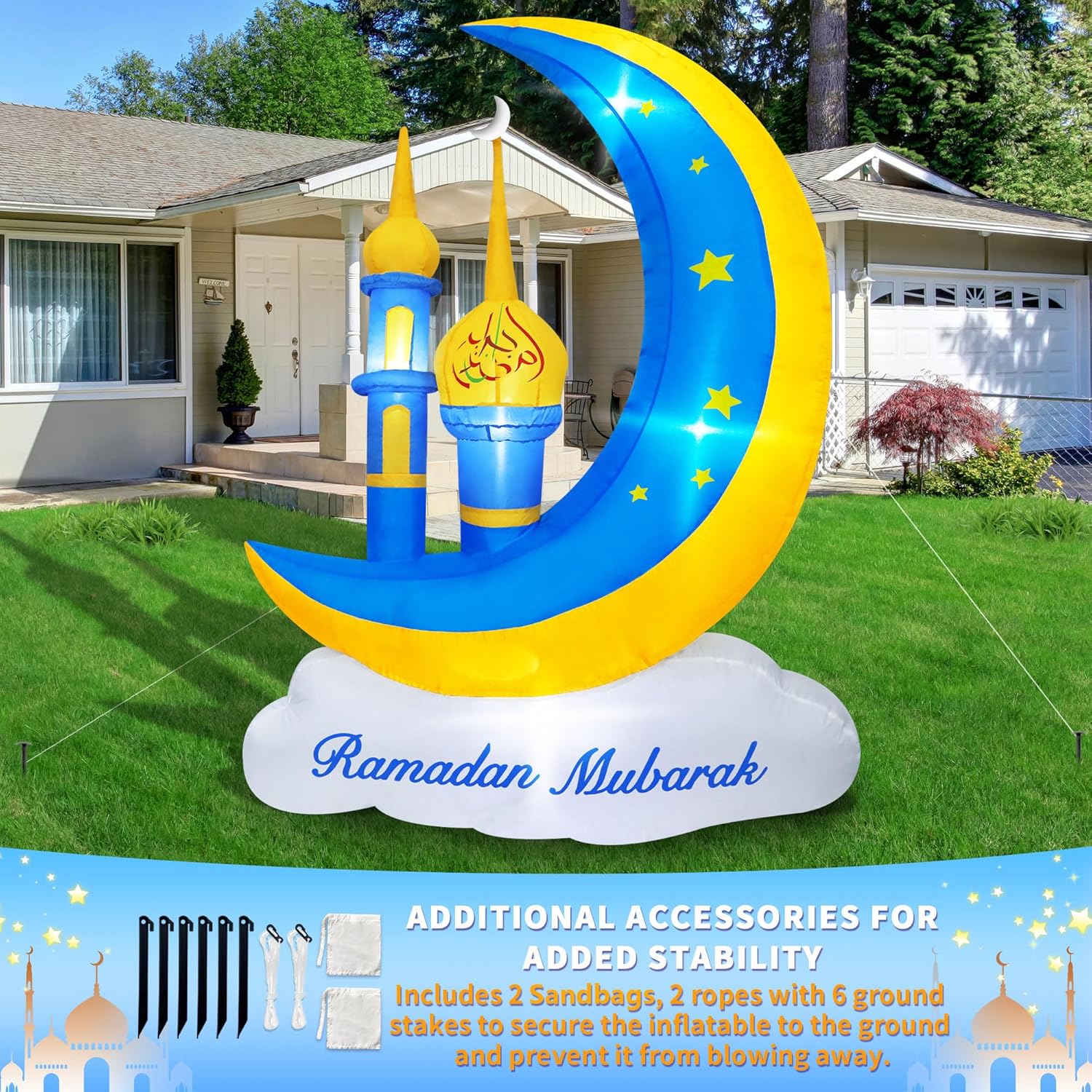5FT Ramadan Decorations Inflatable Outdoor, Ramadan Mubarak & Eid Mubarak Moon Cloud Star Mosque Decor with Built-in LED Lights, Muslim Islamic Blow Up for Home Yard Garden Party Lawn - Image 8